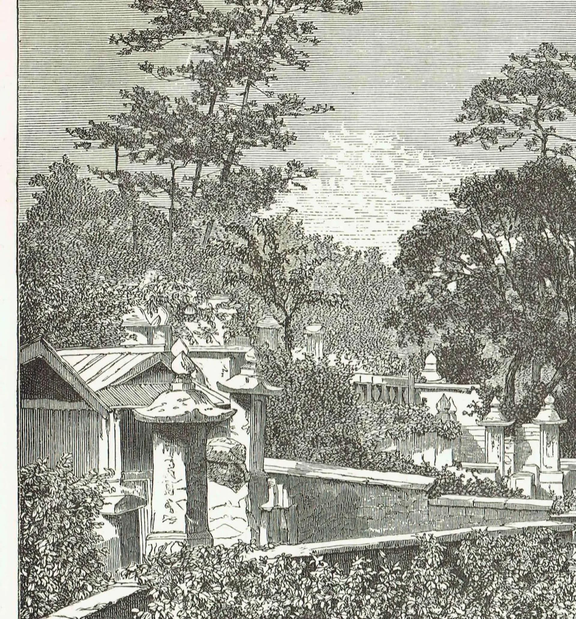 1869 - c.1870 Nagasaki Cemetery Japan - Original Antique Engraving - Victorian Travel Geography Asian Architecture Landscape - 11 x 8.25 in
