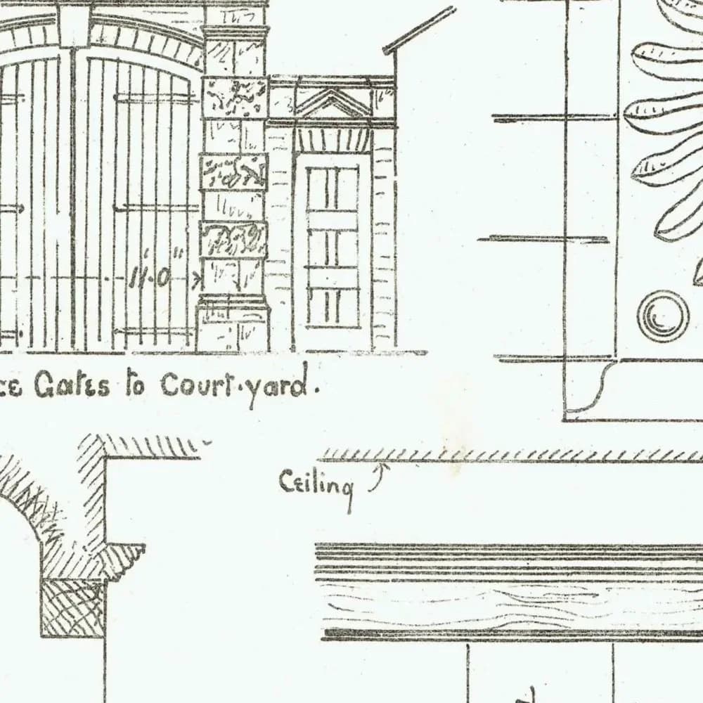 1898 Stonework Architectural Print - Entrance Gates to Court Yard Fireplace - W Fullerton - Building Illustration - 8 x 10.75 in