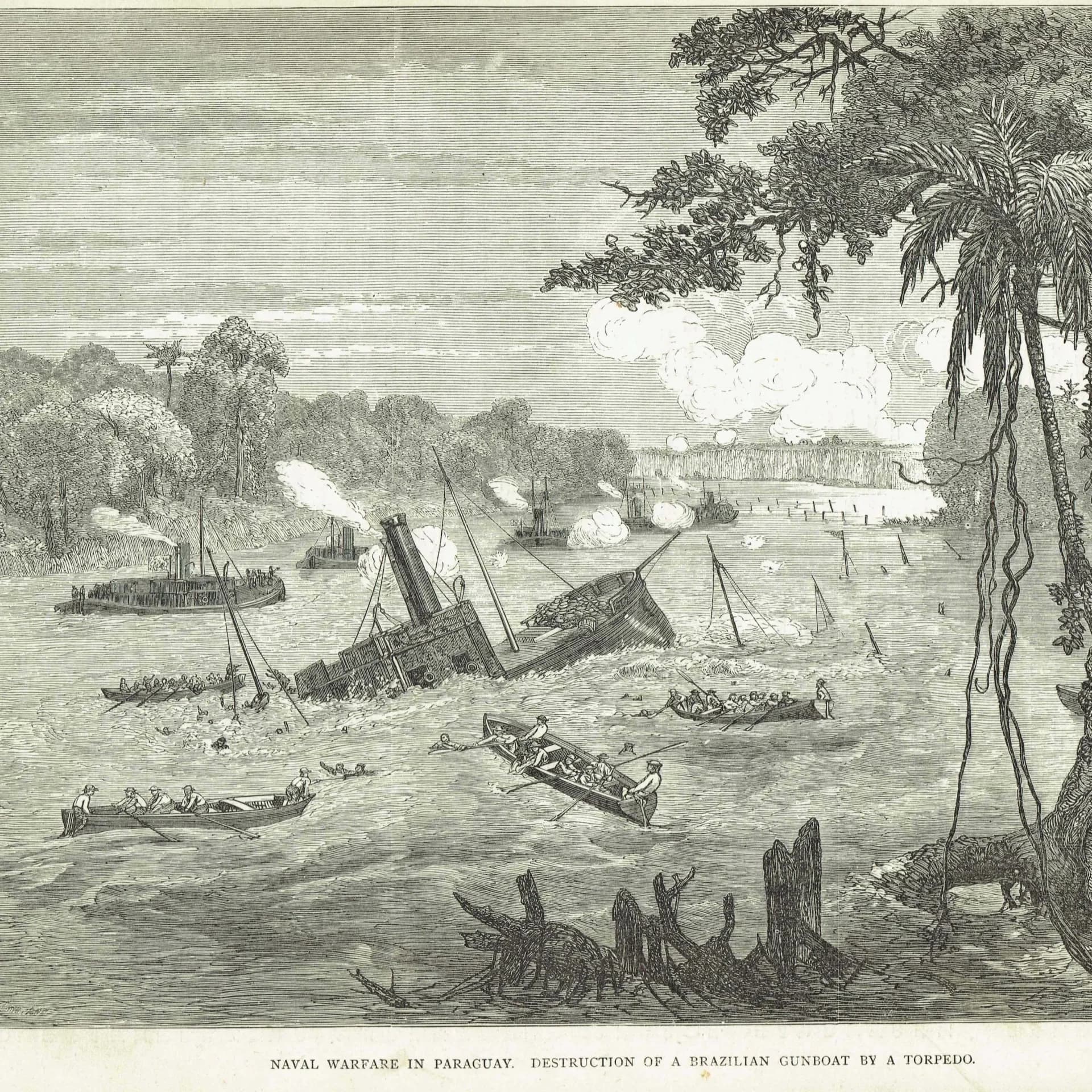 1869 Naval Warfare In Paraguay - Original Antique Print - Victorian Travel Illustration Cassell Petter Galpin - 11.75 x 8.75 in