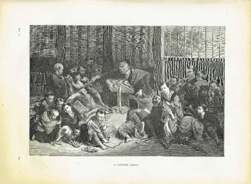 1870s Original Japanese School Woodblock Print - Victorian Educational Scene - Antique Book Illustration - Cultural Study - 12 x 8.5 in
