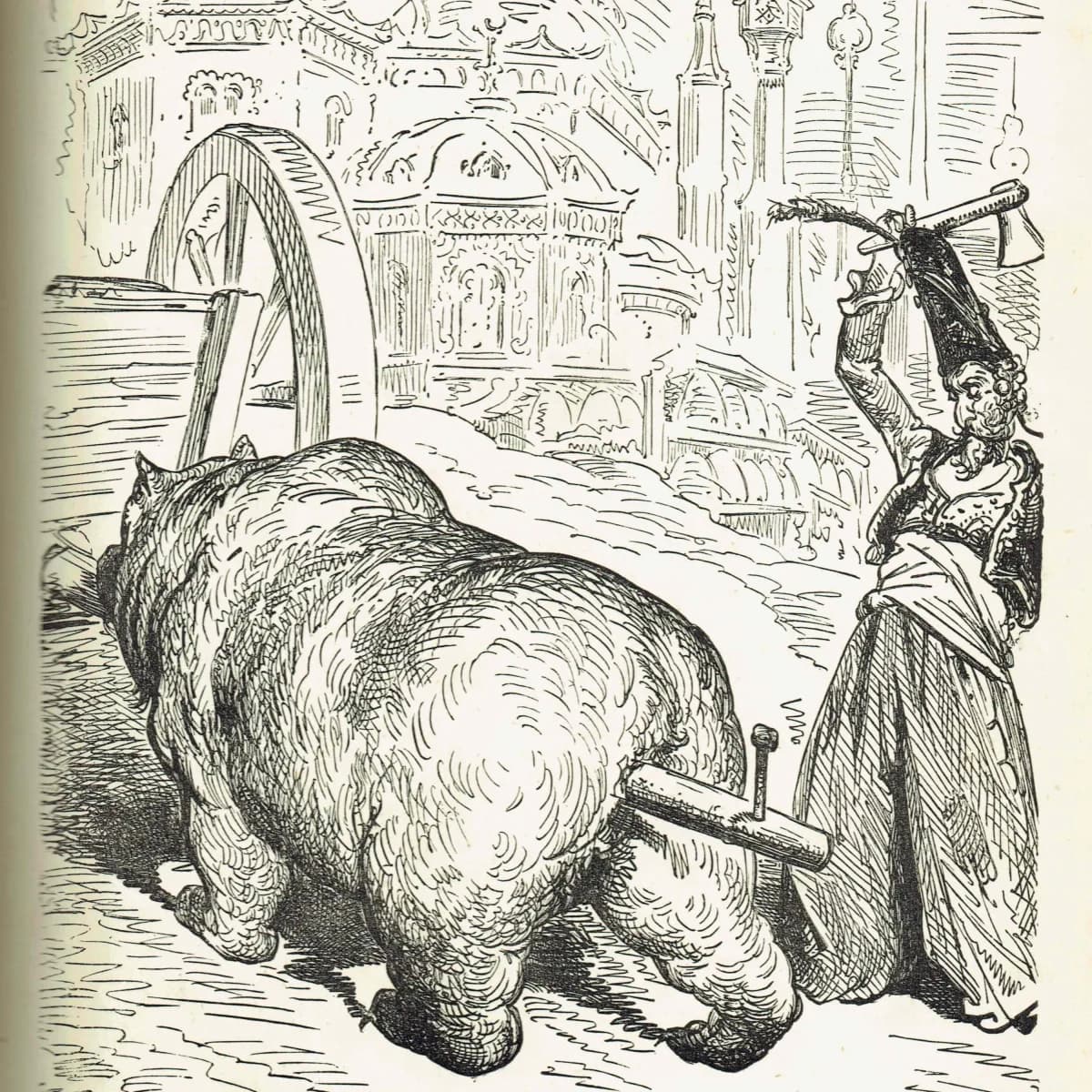 1867 Baron Munchausen Riding Giant Pig - Original Antique Print By Doré - Fantasy Adventure Tale Illustration - 6 x 9 in