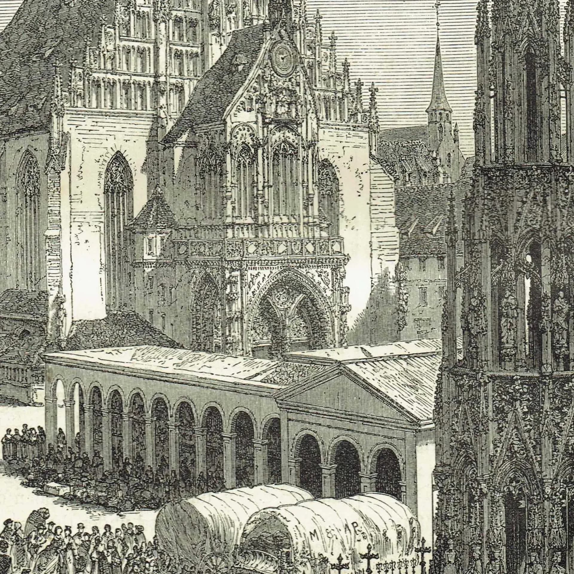 1875 Schönebrunnen Nuremberg - Antique Engraving - Illustrated Travels Bates Victorian Germany Market Scene - 8 x 11.5 in