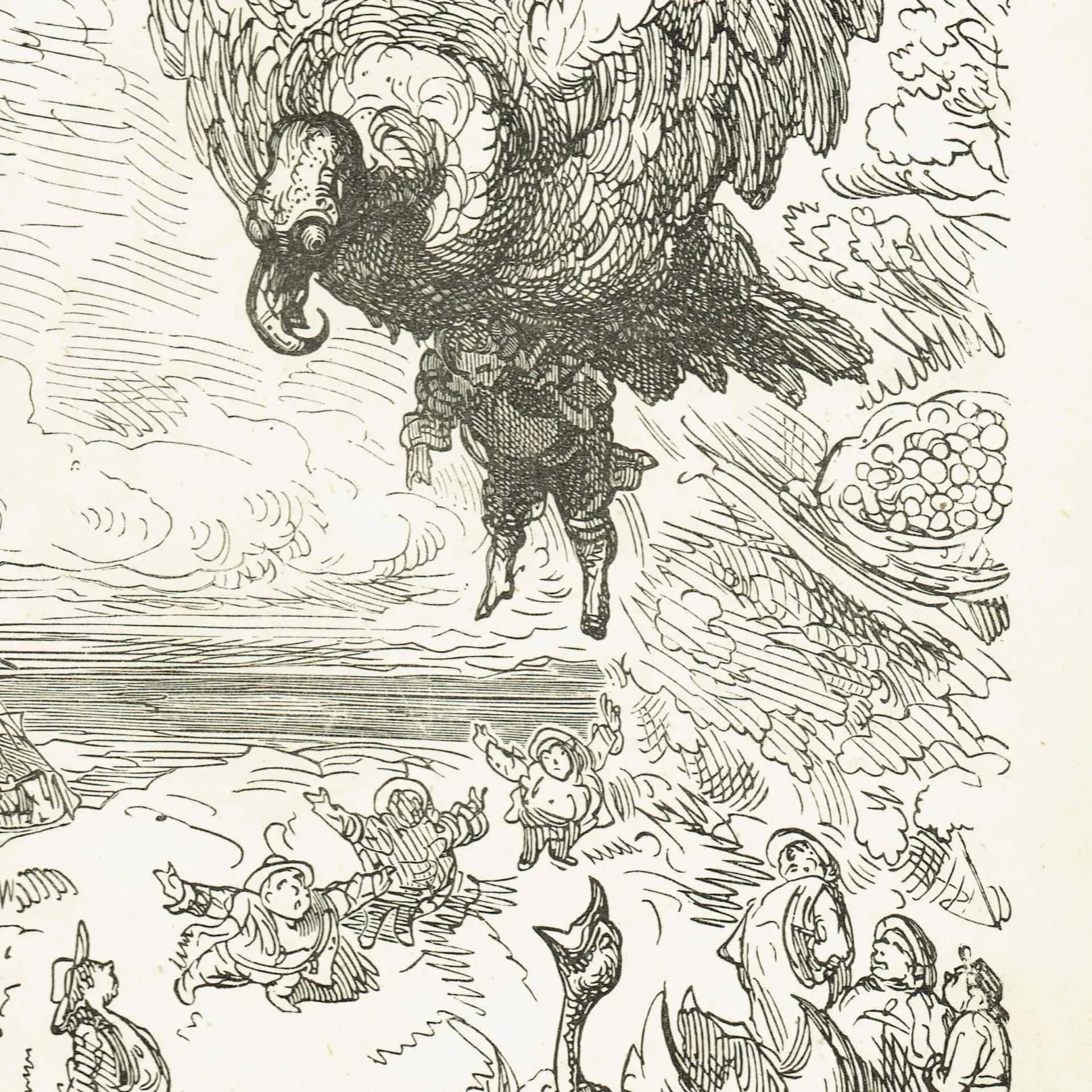 1867 Giant Eagle Rescue - Original Antique Print By Doré - Baron Munchausen Fantasy Adventure Literary Illustration - 6 x 9 in