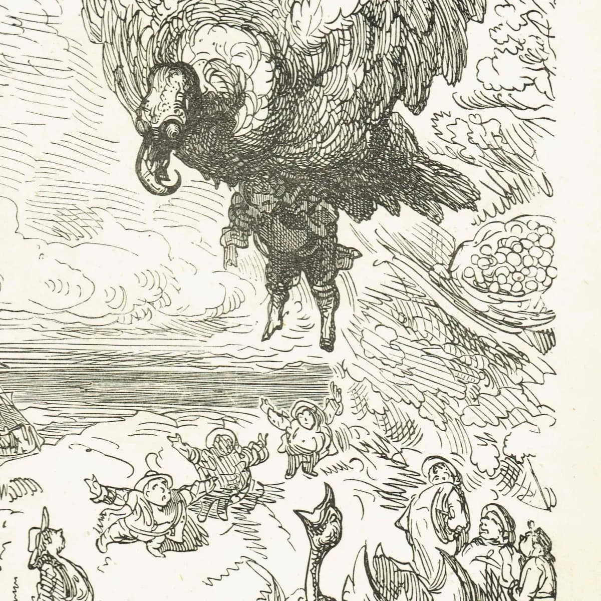 1867 Giant Eagle Rescue - Original Antique Print By Doré - Baron Munchausen Fantasy Adventure Literary Illustration - 6 x 9 in