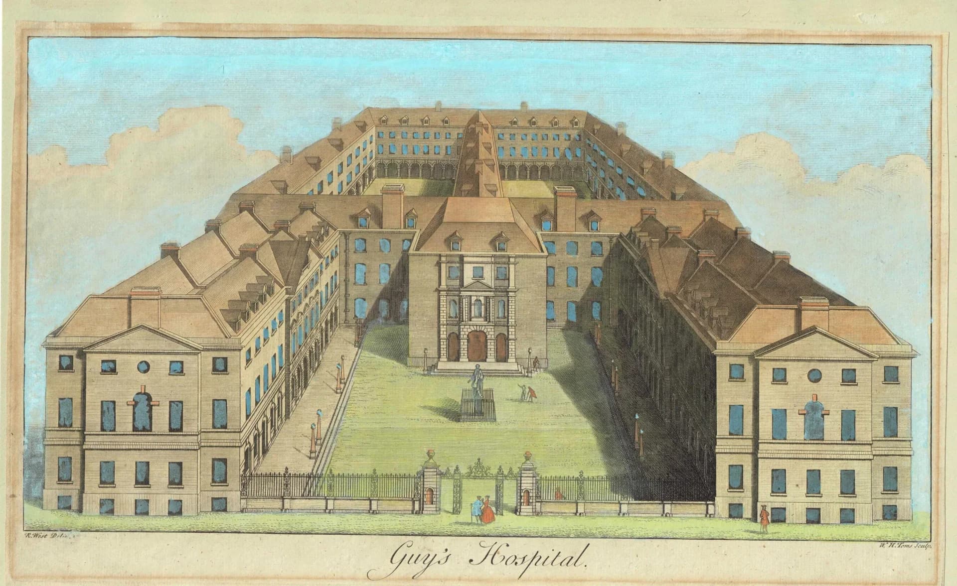 1756 Guy's Hospital Southwark - Original Antique Print By Toms After West - Georgian London Medical Architecture - 14.5 x 8.75 in