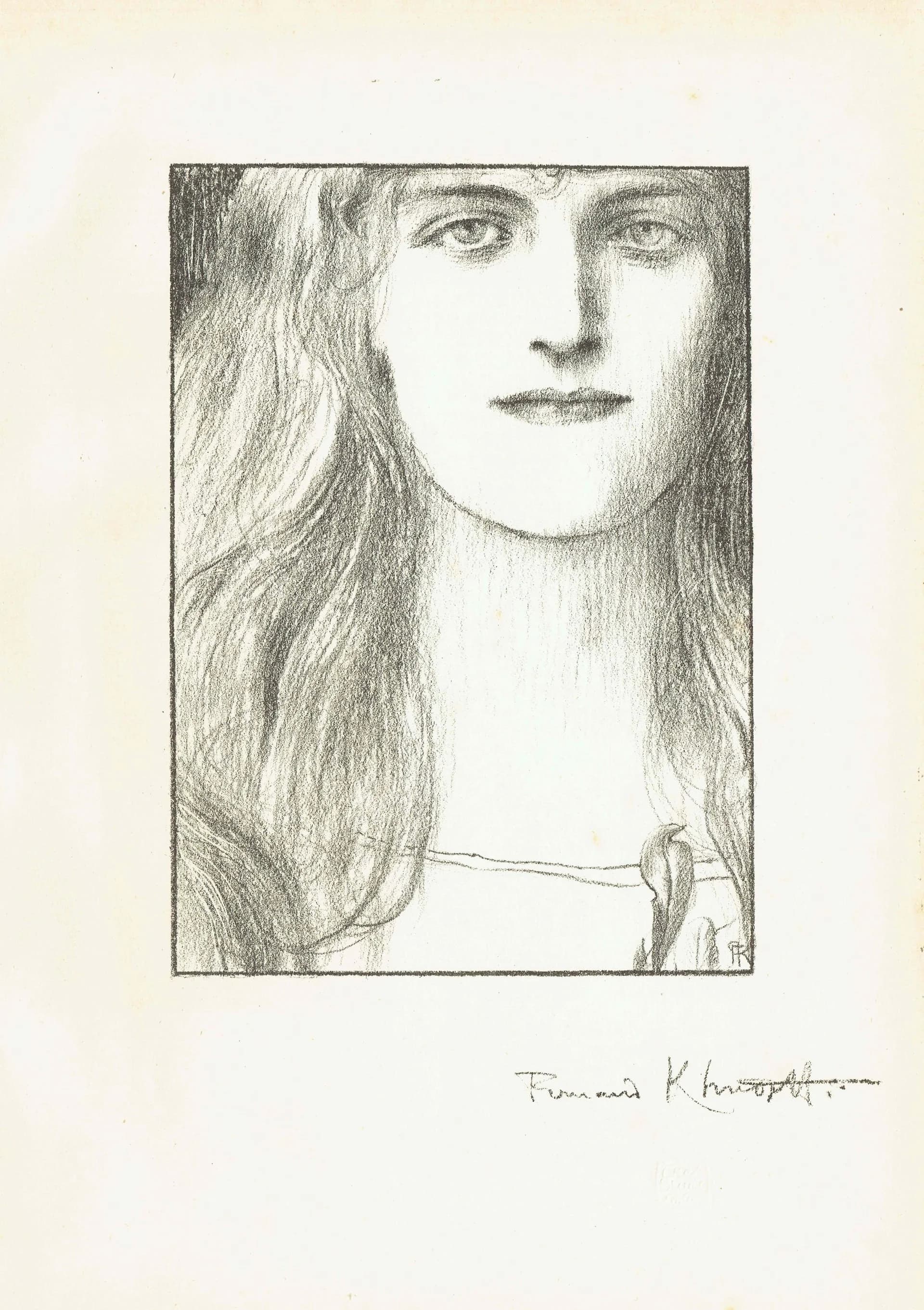 1898 Une Tête de Face - Original Antique Lithograph By Khnopff - Symbolist Portrait The Studio Magazine Art Nouveau - 7.5 x 10.75 in