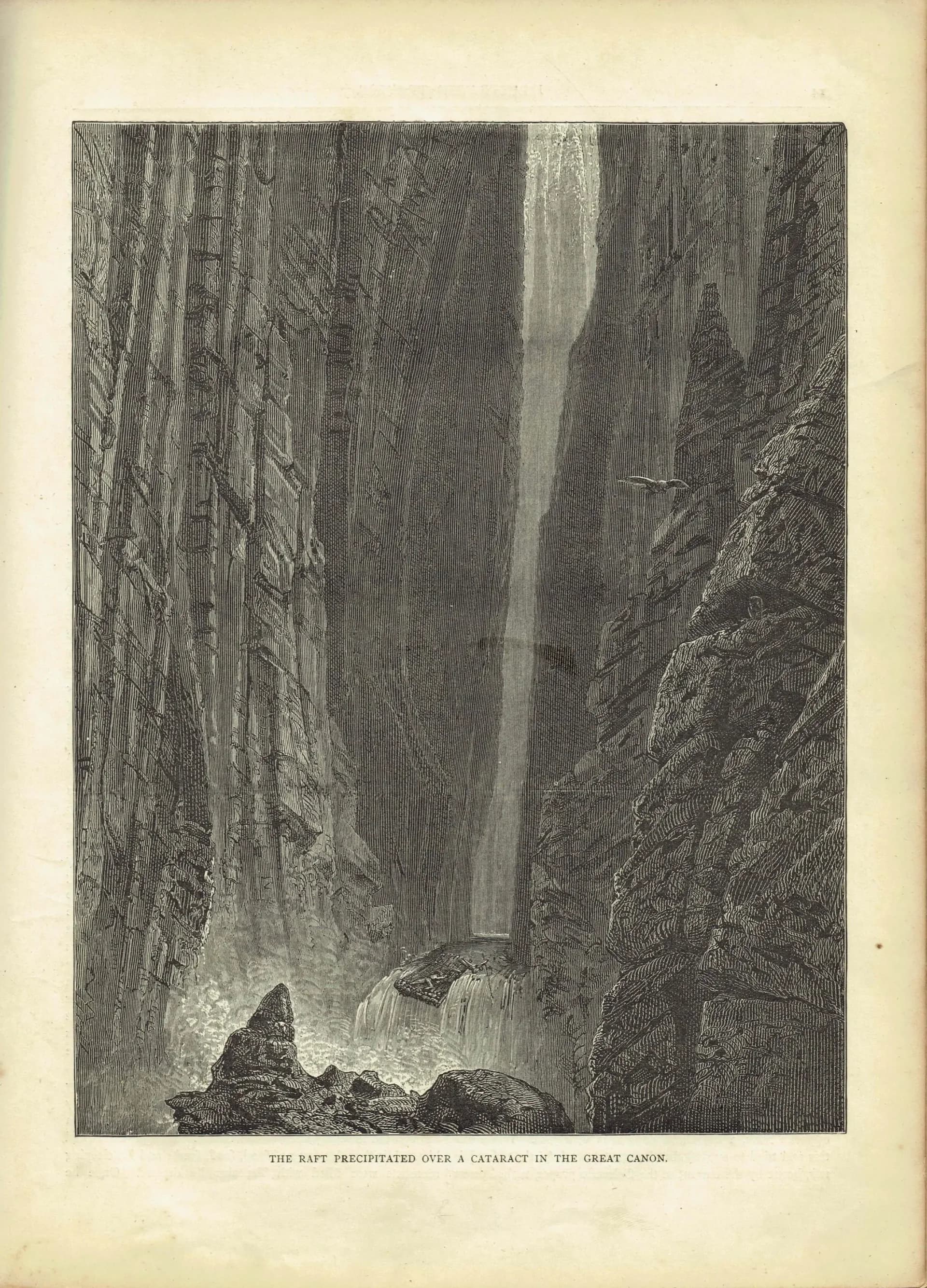 1870s Original Canyon Waterfall Woodblock Victorian Print - Dramatic Landscape Adventure - Illustrated Travels Book - 8.5 x 12 in