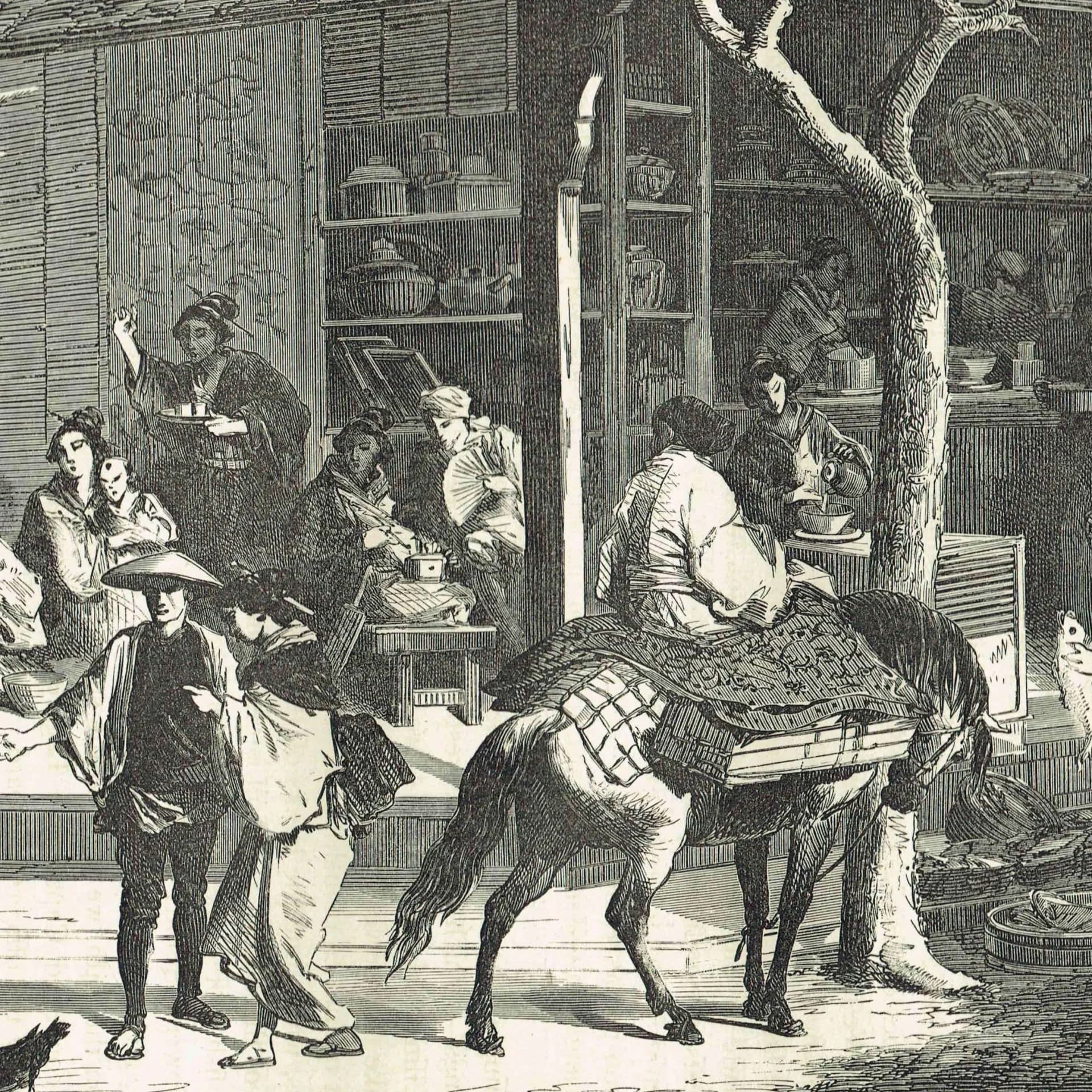 1875 Japanese Wayside Inn - Antique Engraving - Illustrated Travels Vol 6 Bates Japan Scene Horse - 11.5 x 8 in