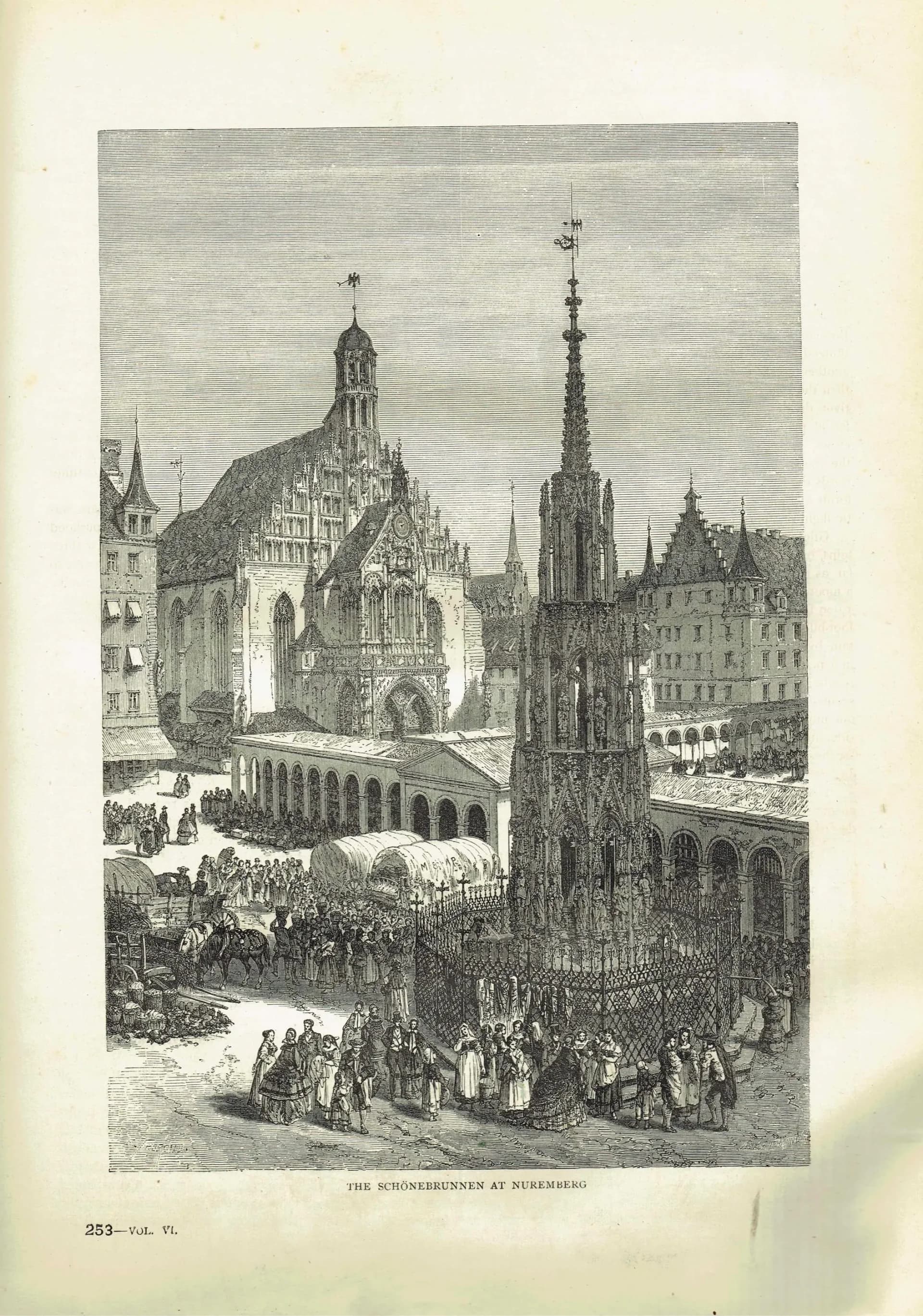 1875 Schönebrunnen Nuremberg - Antique Engraving - Illustrated Travels Bates Victorian Germany Market Scene - 8 x 11.5 in