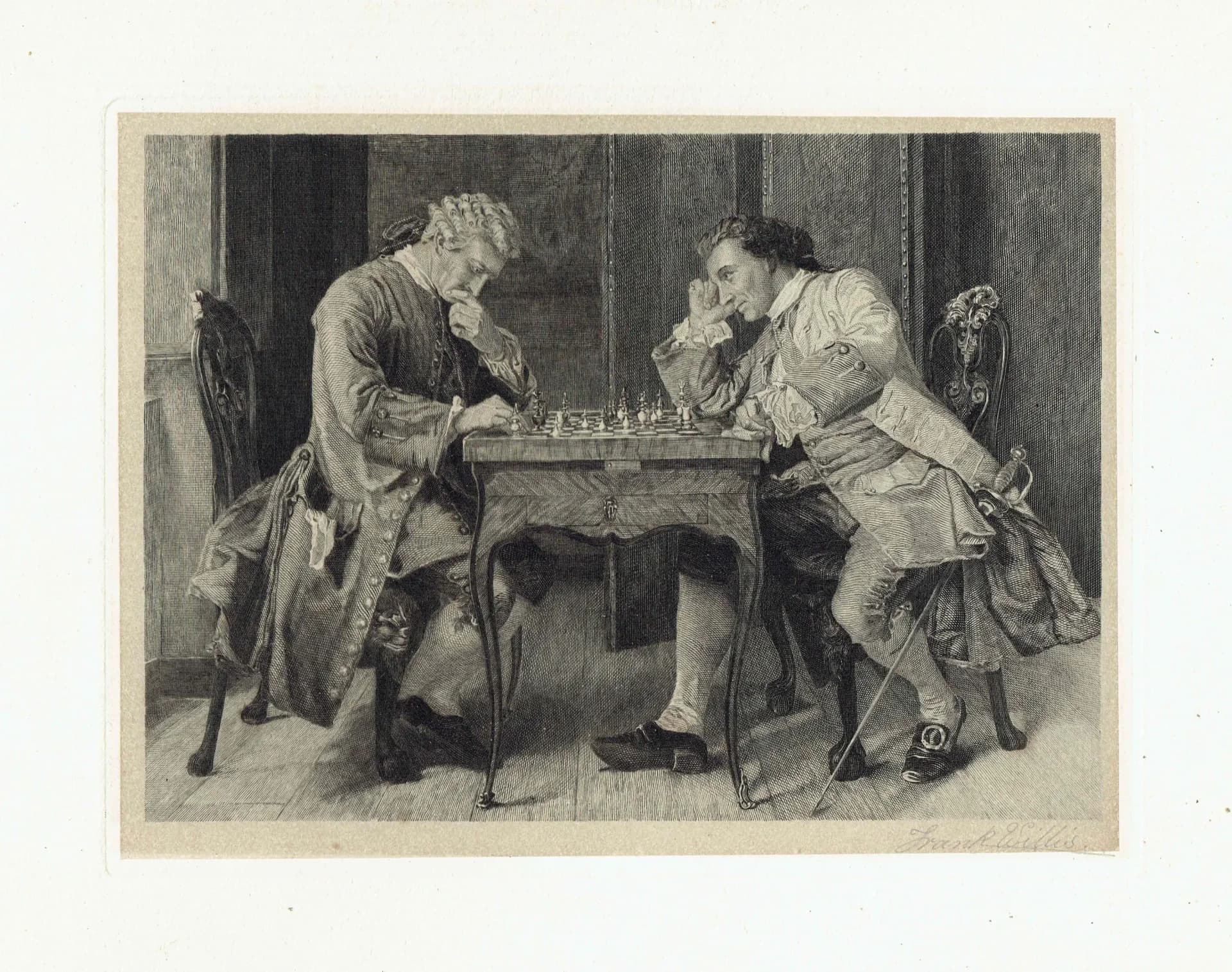 c.1890 Chess Players - Etching Signed By Frank Willis - Victorian Genre Scene Period Costume Figure Study Portrait Art - 9.2 x 6.9 in