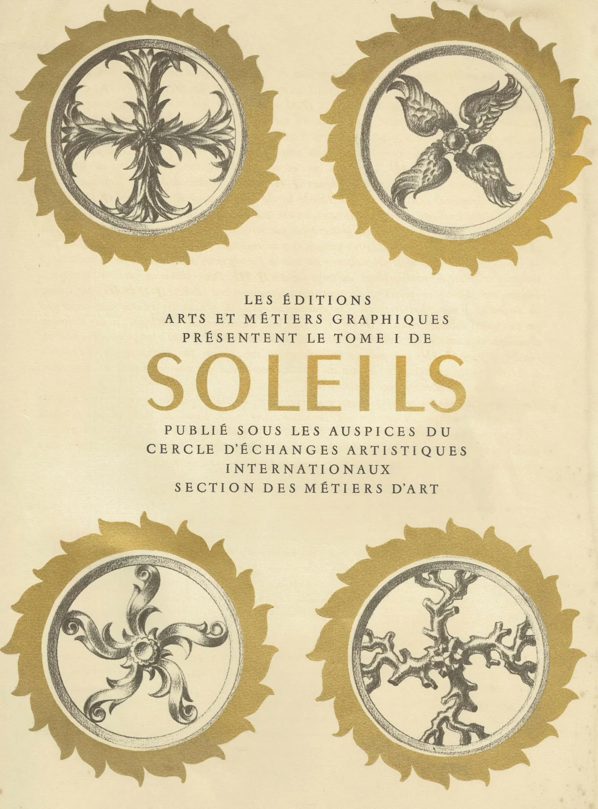 1947 Soleils Title Page Gold Sun Medallions - Original Vintage Print - Paris Luxury Folio Arts et Métiers Graphiques - 10 x 13.5 in