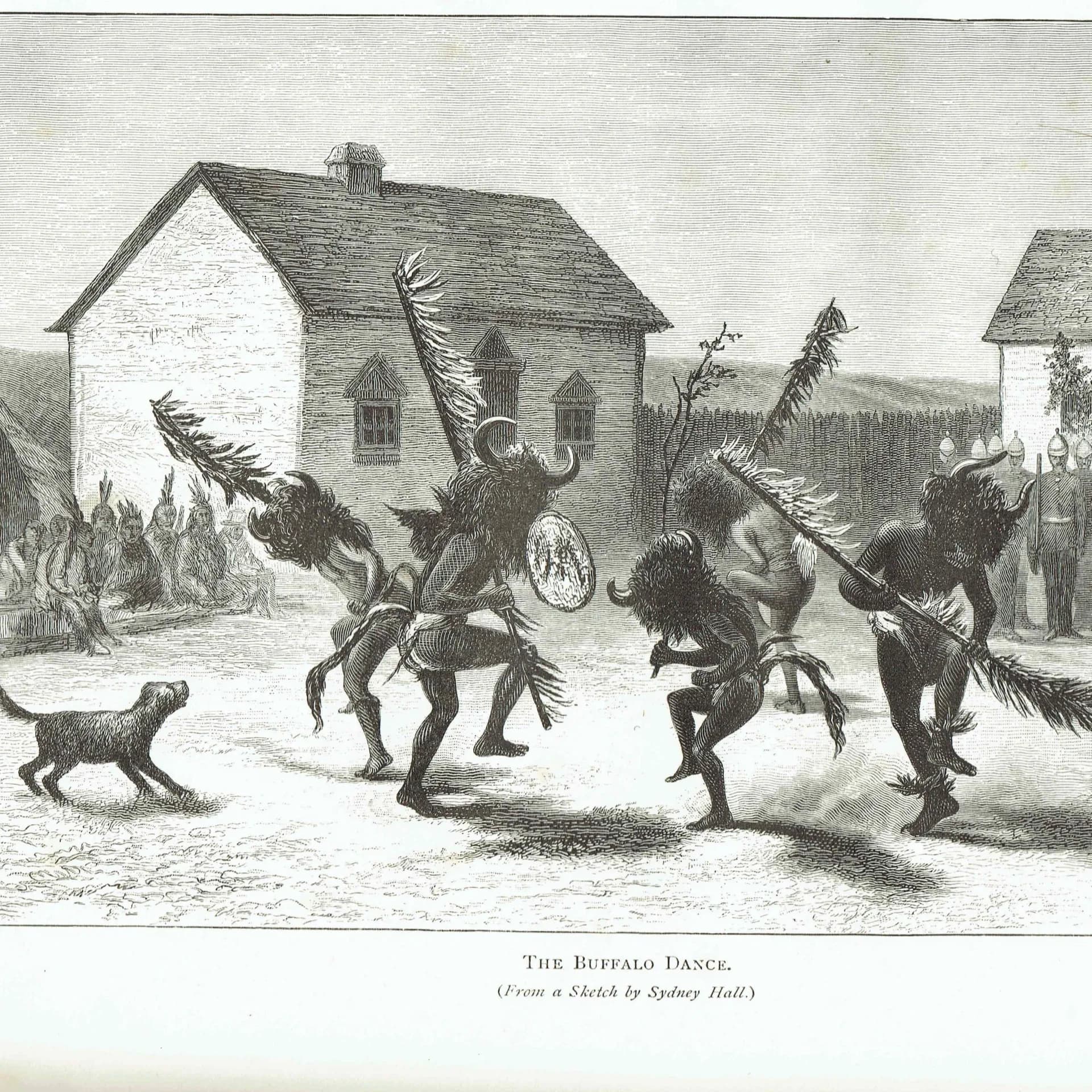 1885 The Buffalo Dance - Antique Engraving By Sydney Hall - Canadian Indigenous Ceremony Canadian Pictures Marquis of Lorne - 10 x 7 in