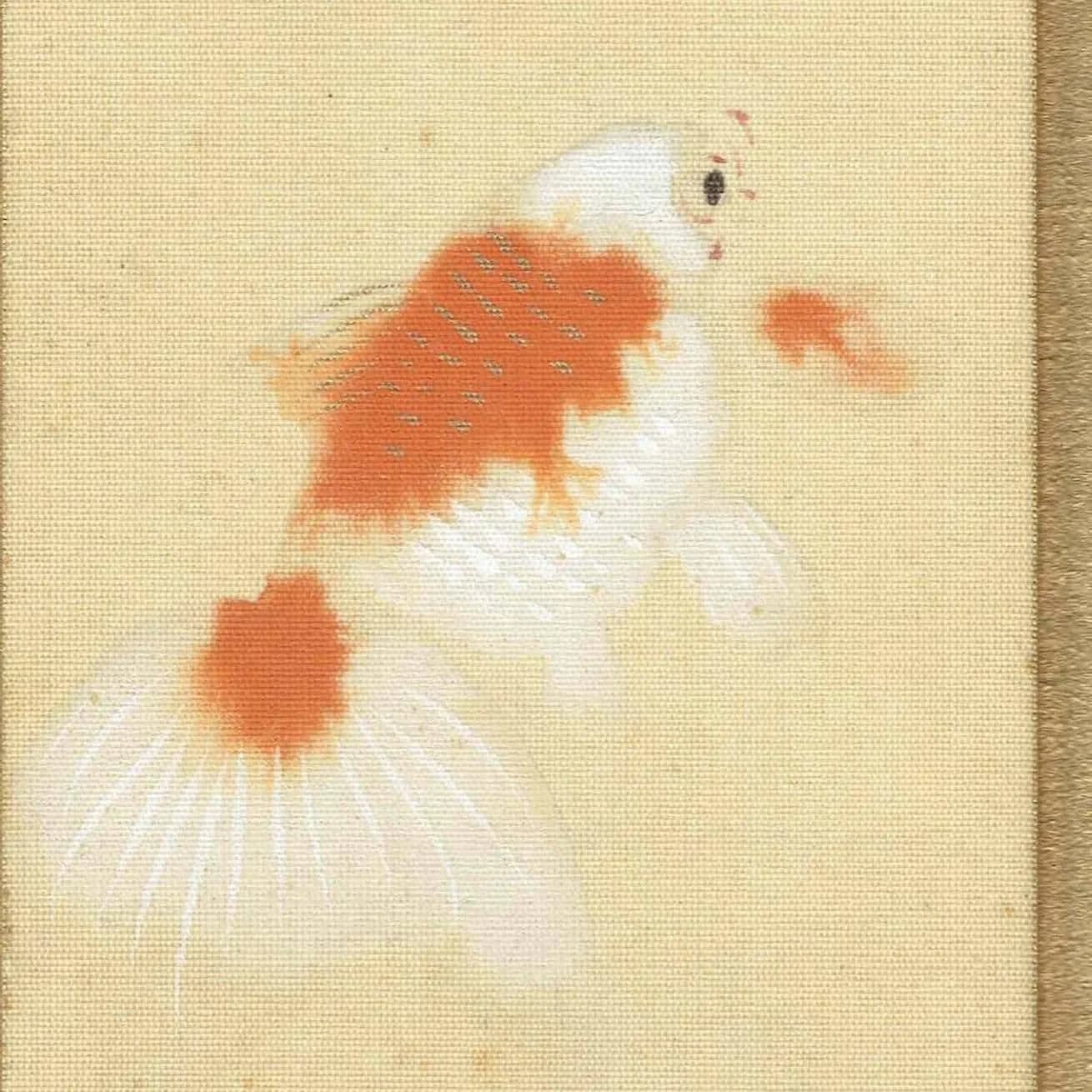 1960s Kingyo Goldfish & Ao-Momiji Maple - Original Vintage Tanzaku Print - Japanese Textile Wall Art Framed - 2.25 x 13.9 in