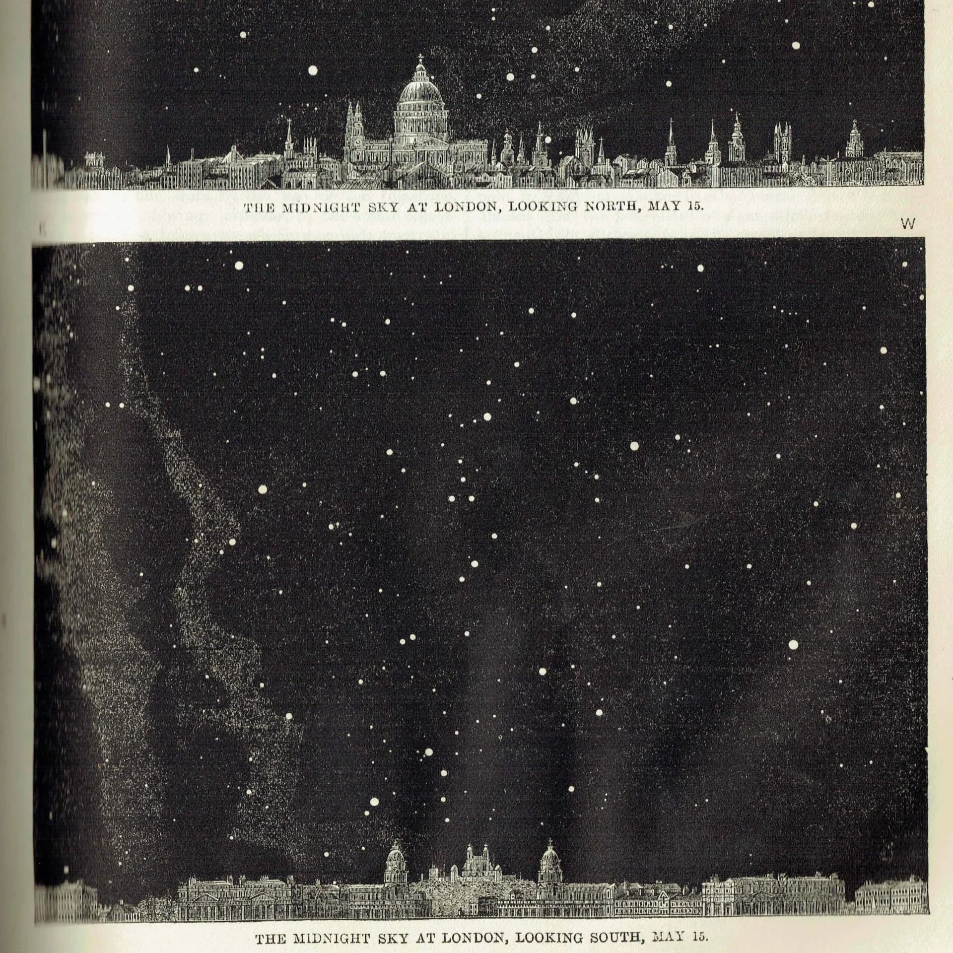 1868 Midnight Sky at London - Original Antique Print - Star Chart North & South Victorian Astronomy Celestial Map - 6.25 x 10 in