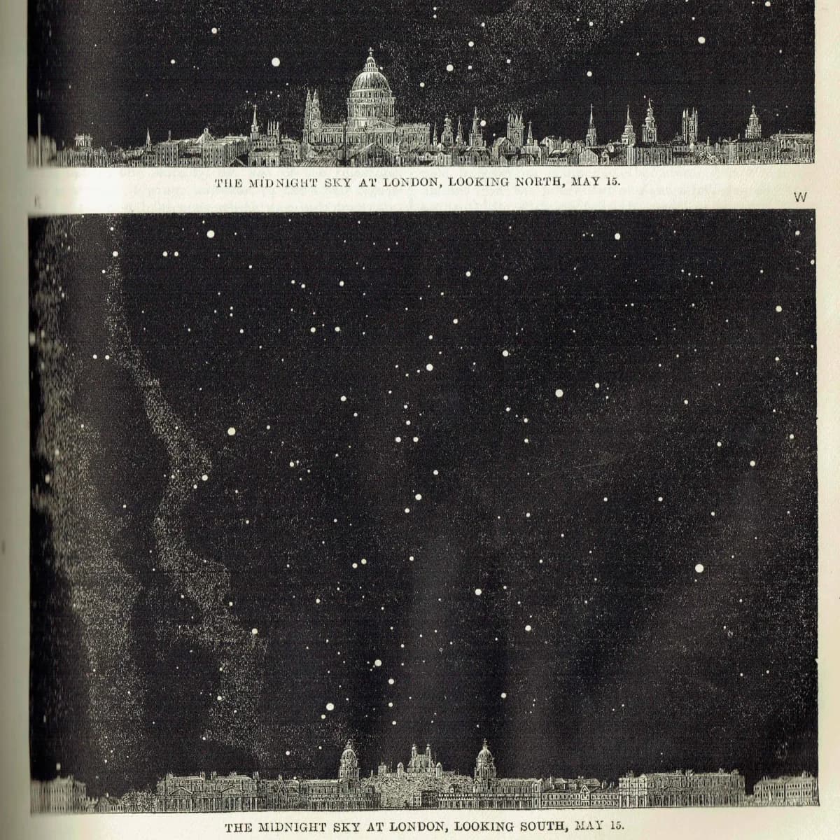 1868 Midnight Sky at London - Original Antique Print - Star Chart North & South Victorian Astronomy Celestial Map - 6.25 x 10 in