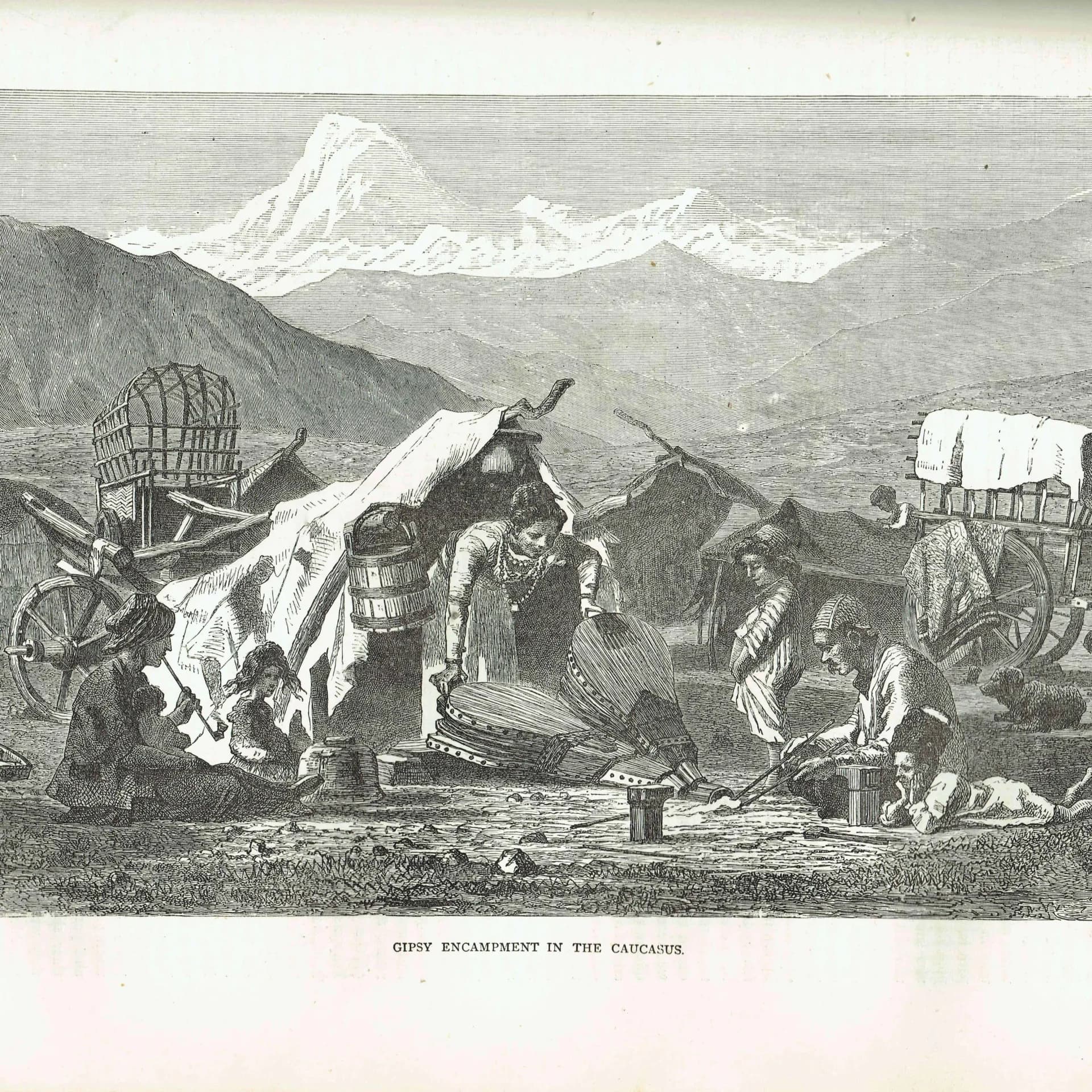 1871 Gipsy Encampment Caucasus - Antique Engraving - Illustrated Travels Edited by H W Bates - 11.5 x 8 in