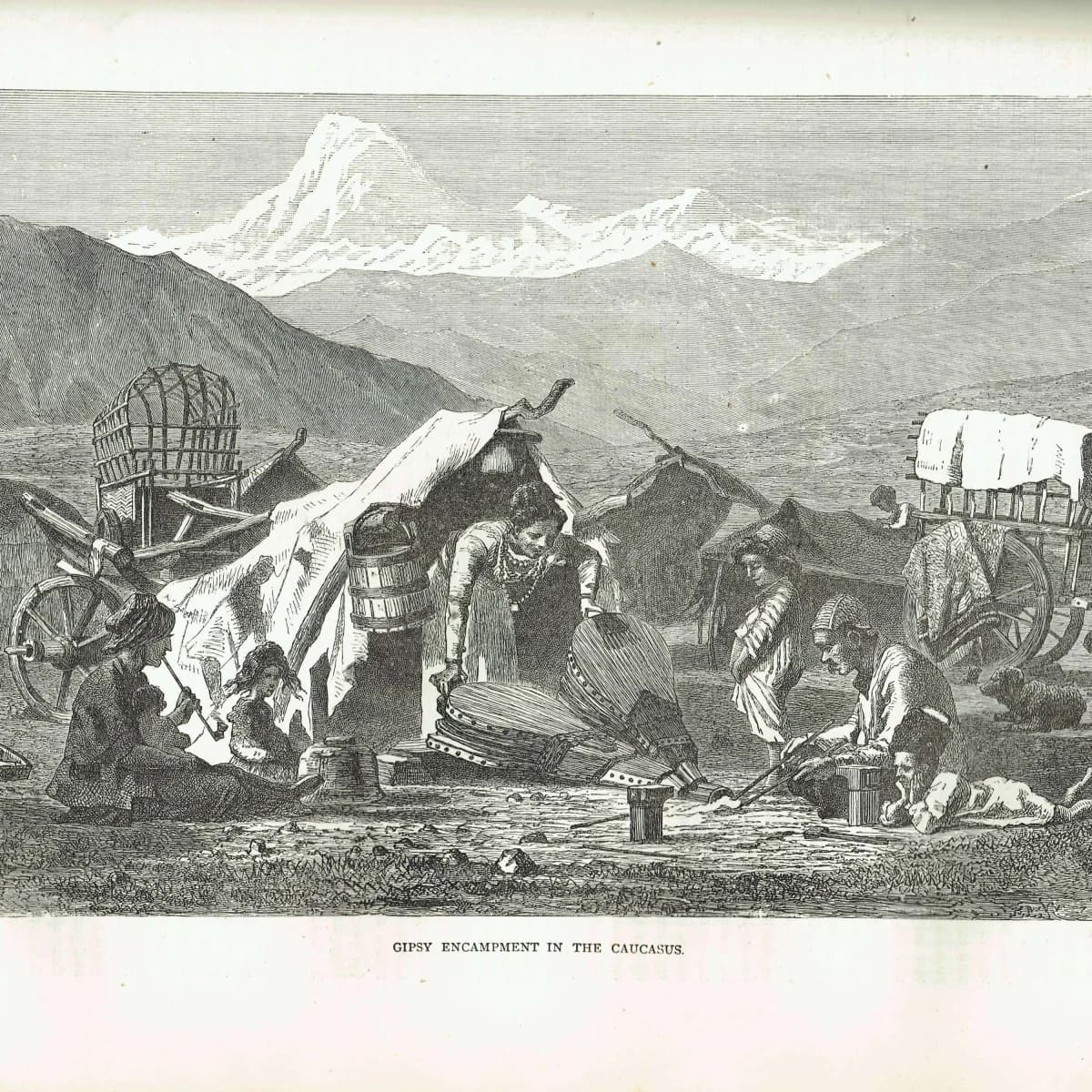 1871 Gipsy Encampment Caucasus - Antique Engraving - Illustrated Travels Edited by H W Bates - 11.5 x 8 in