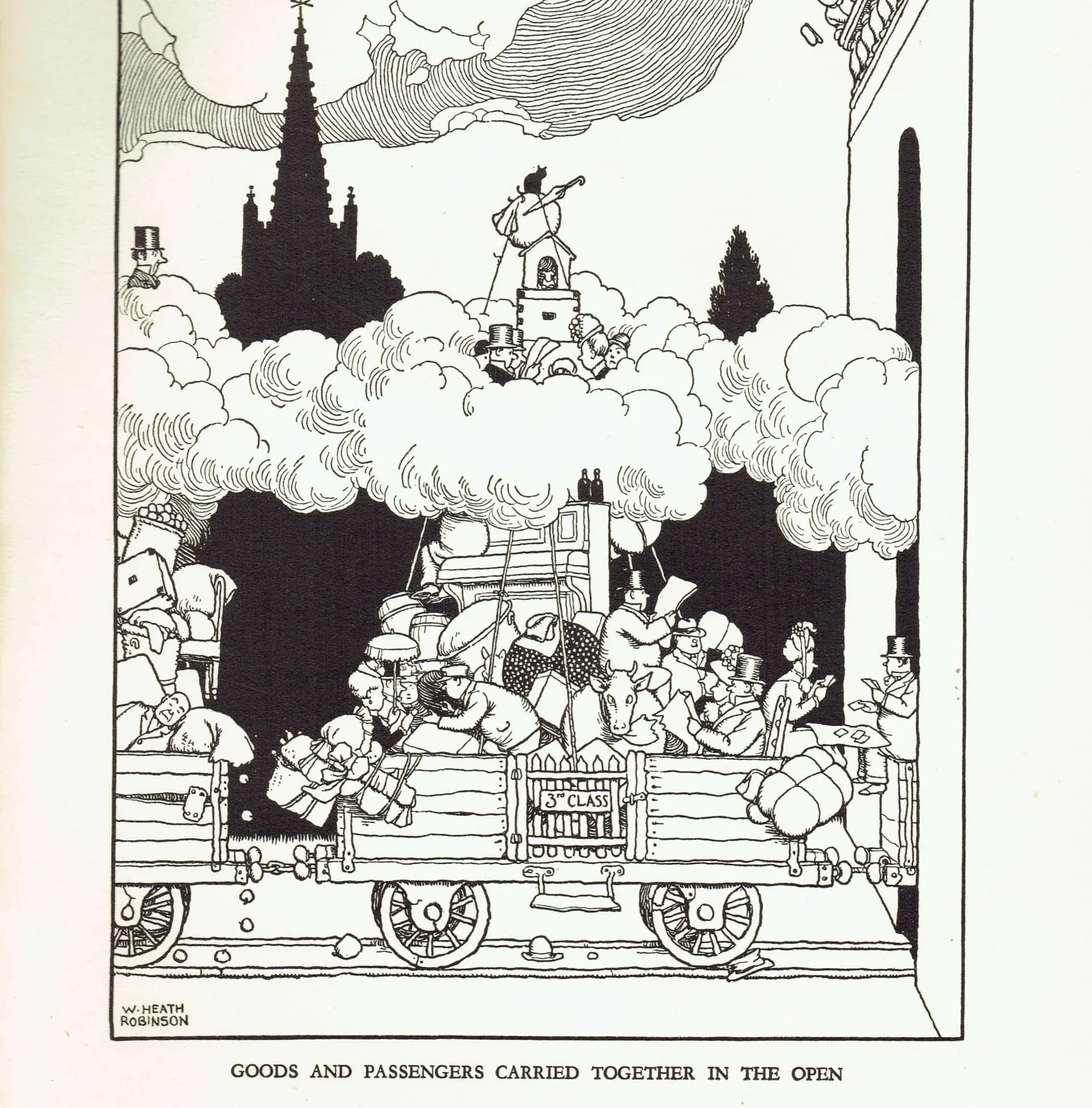 1935 Railway Smoke Contraption - Original Vintage Print By Heath Robinson - Great Western Centenary Humorous Cartoon - 7 x 9.5 in