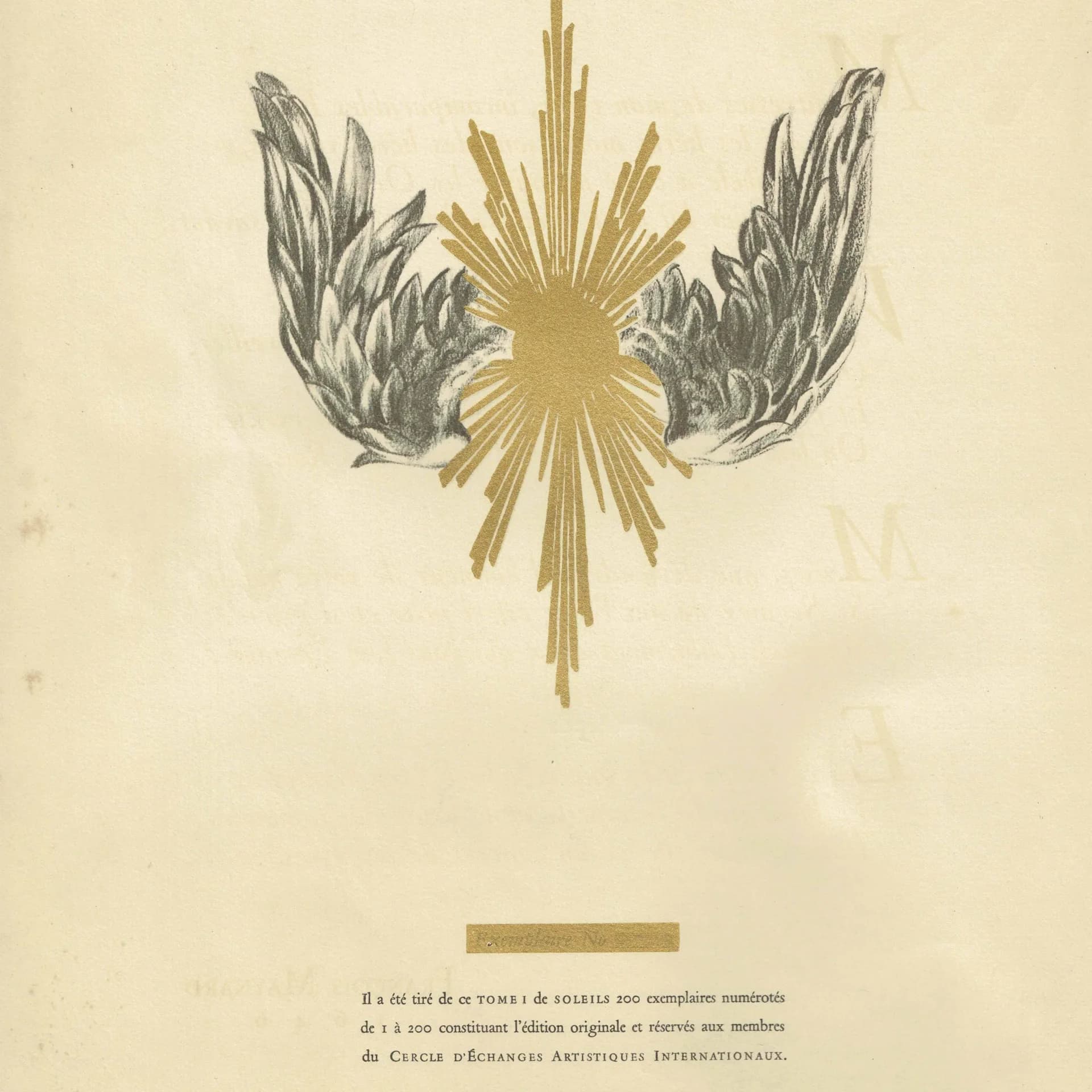 1947 Gold Sun & Heraldic Wings - Original Vintage Print - Soleils Paris Folio Arts et Métiers Graphiques Limited Edition - 10 x 13.5 in
