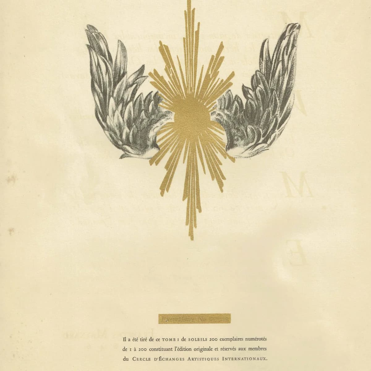 1947 Gold Sun & Heraldic Wings - Original Vintage Print - Soleils Paris Folio Arts et Métiers Graphiques Limited Edition - 10 x 13.5 in