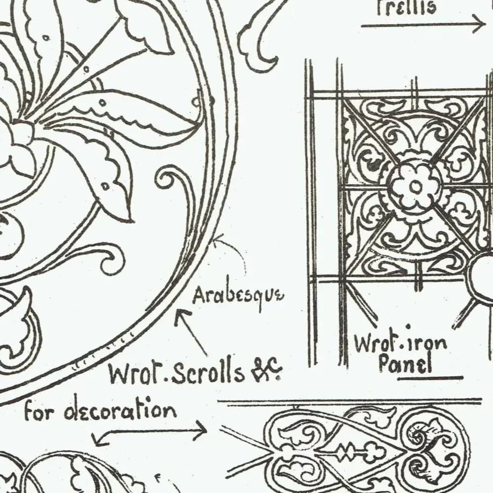 1898 Ornamental Ironwork Architecture Print - Wrought Iron Arabesque, Trellis & Scrollwork Plate - Antique Design - 8 x 10.75 in