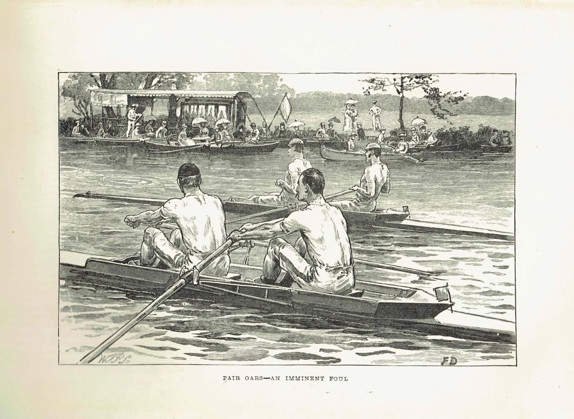 1890 Pair Oars An Imminent Foul - Original Antique Engraving By Dadd - Victorian Rowing Race River Sport Badminton Library - 7 x 4.75 in