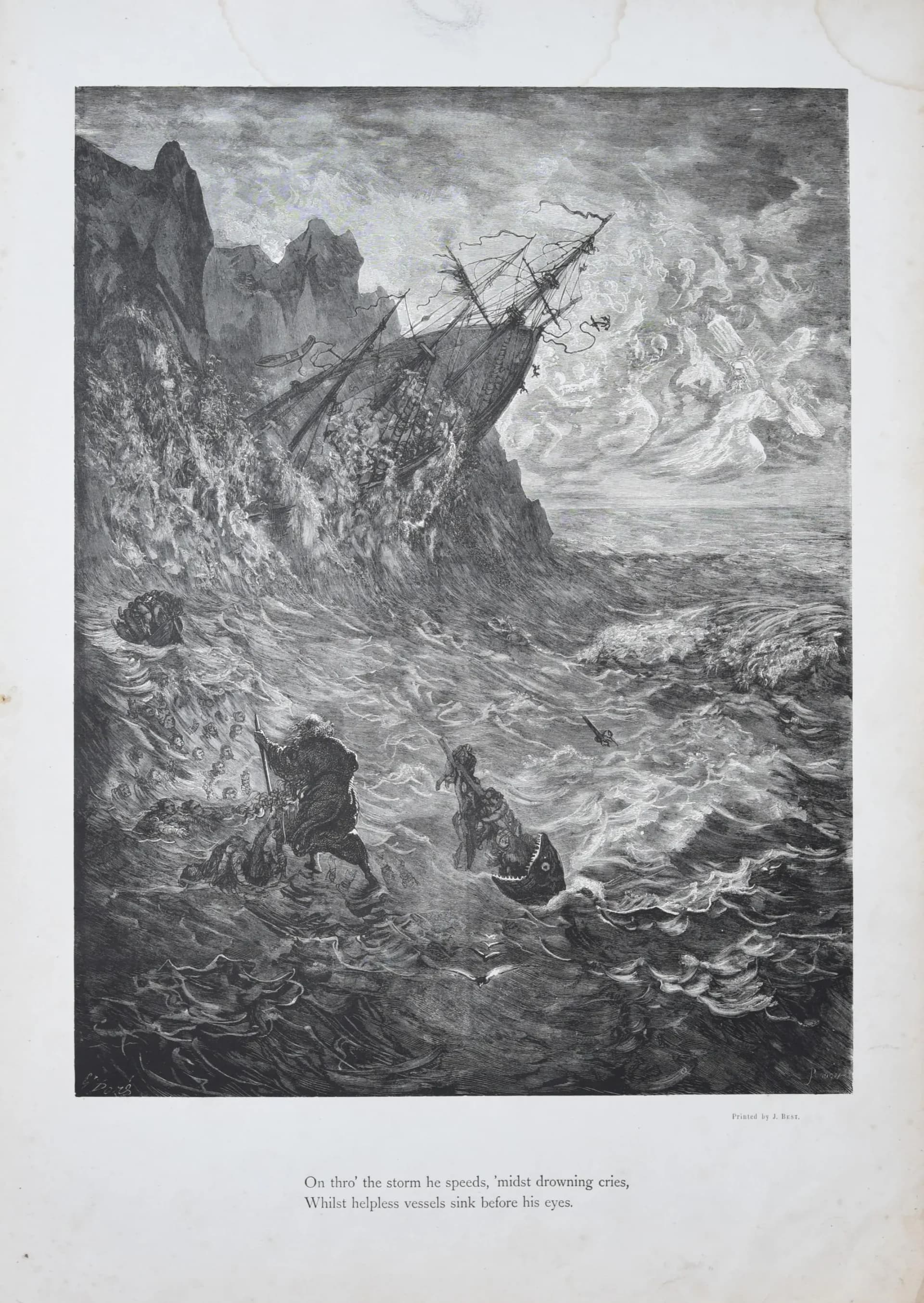1866 Gustave Doré Wandering Jew Shipwreck Plate 10 - Original Antique Engraving - Victorian Gothic Religious Mythology Maritime - 14 x 20 in
