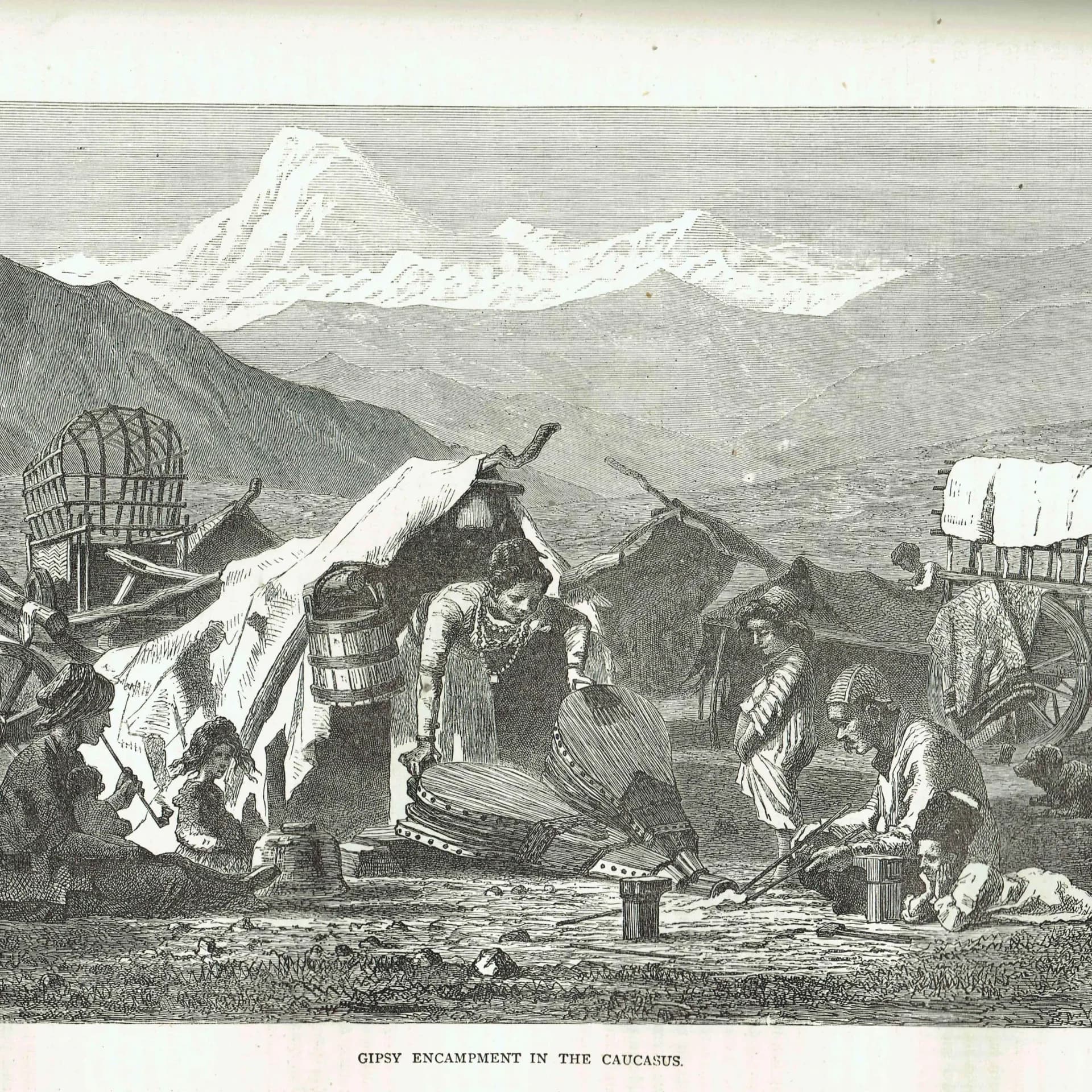 1870s Gipsy Encampment Caucasus - Antique Print - Victorian Travel Illustration Caucasian Mountains - 11.5 x 8 in