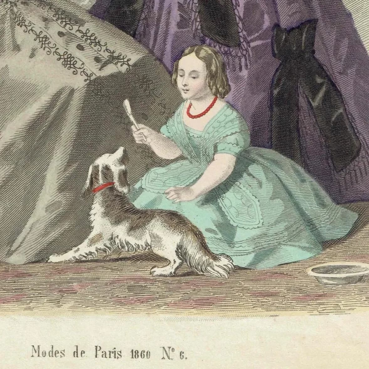 1860 Modes de Paris No.6 Print - Parisian Fashion Plate - Hand-Coloured Lithograph Women & Child - 9.5 x 6.5 in