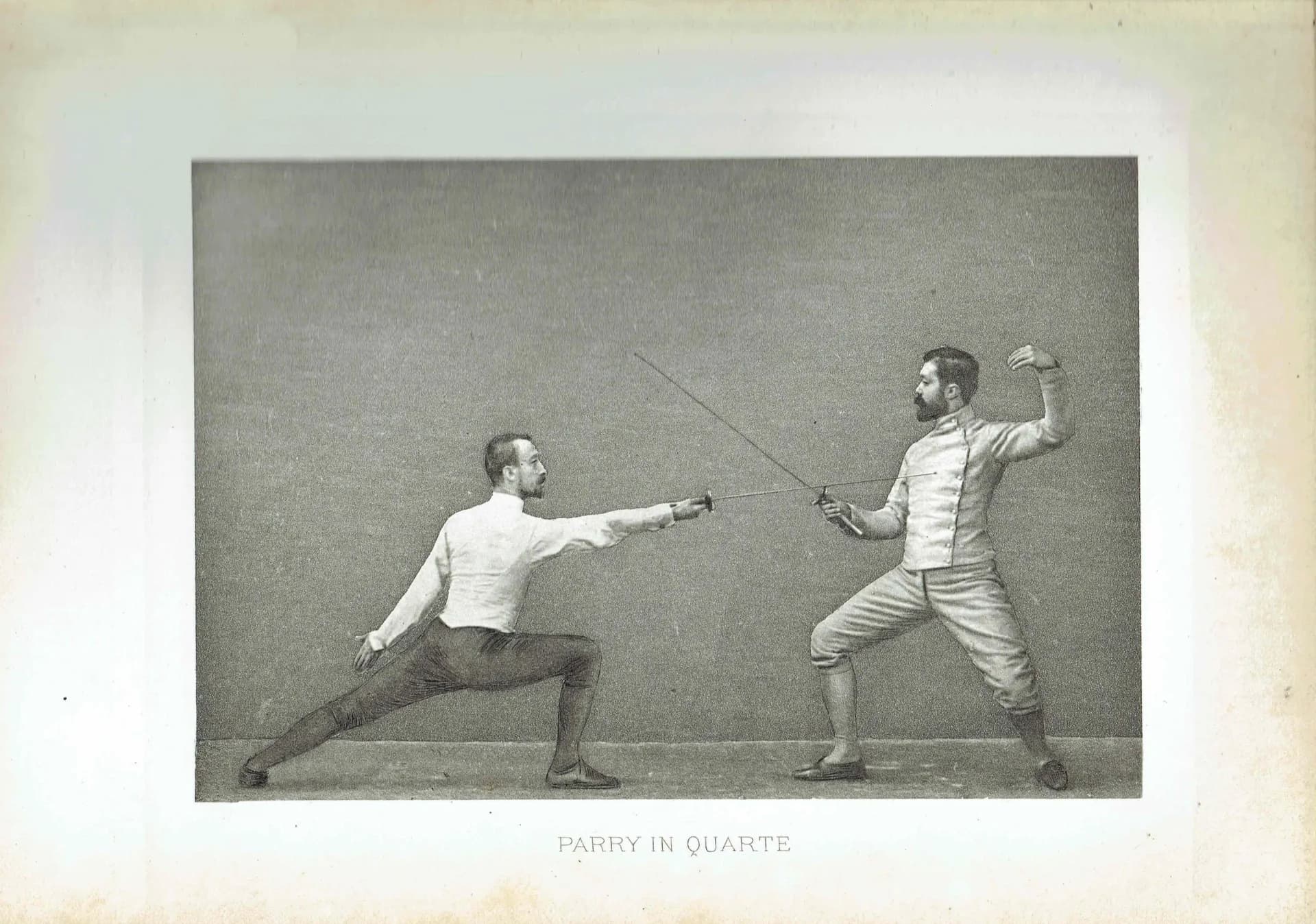 1889 Parry in Quarte Fencing Position - Original Antique Engraving - Badminton Library Victorian Sport Combat Technique - 5 x 7 in