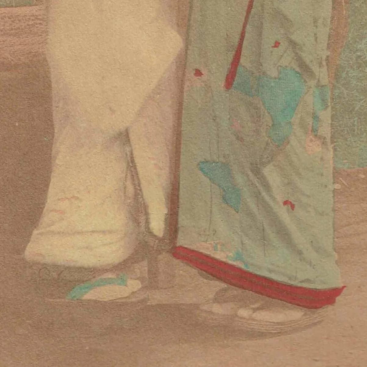 c.1900s Geisha With Umbrella - Original Antique Hand-Tinted Albumen Photograph - Meiji Era Yokohama Studio Kimono Portrait - 7.5 x 15 in