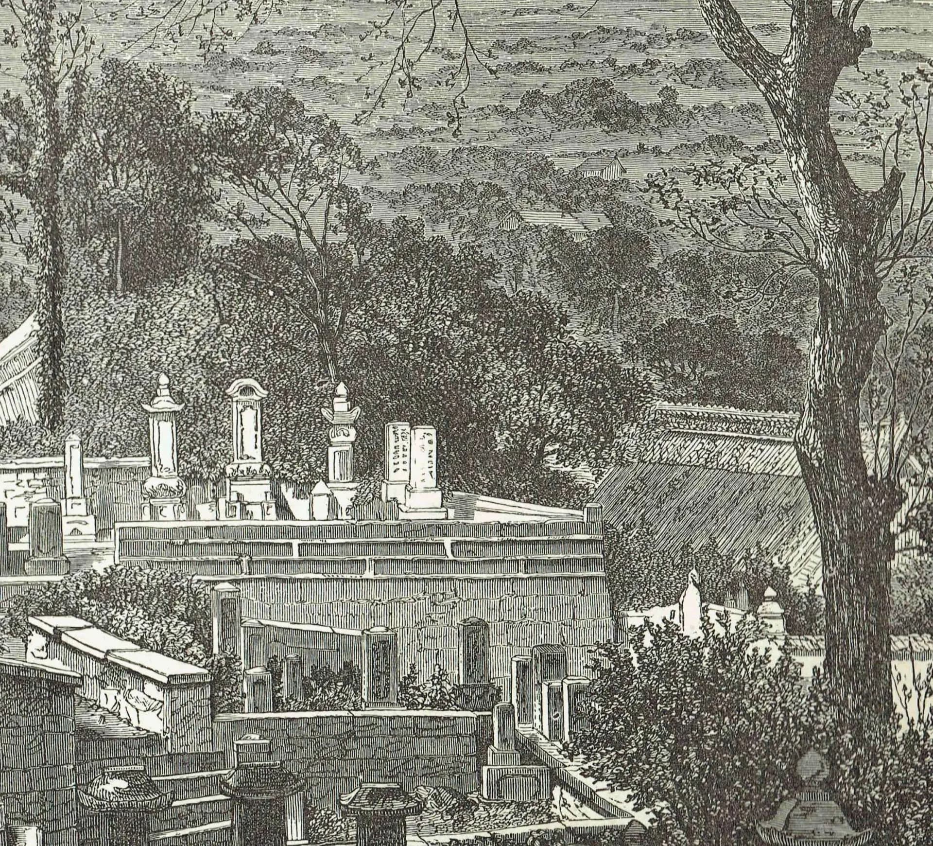 1869 - c.1870 Nagasaki Cemetery Japan - Original Antique Engraving - Victorian Travel Geography Asian Architecture Landscape - 11 x 8.25 in