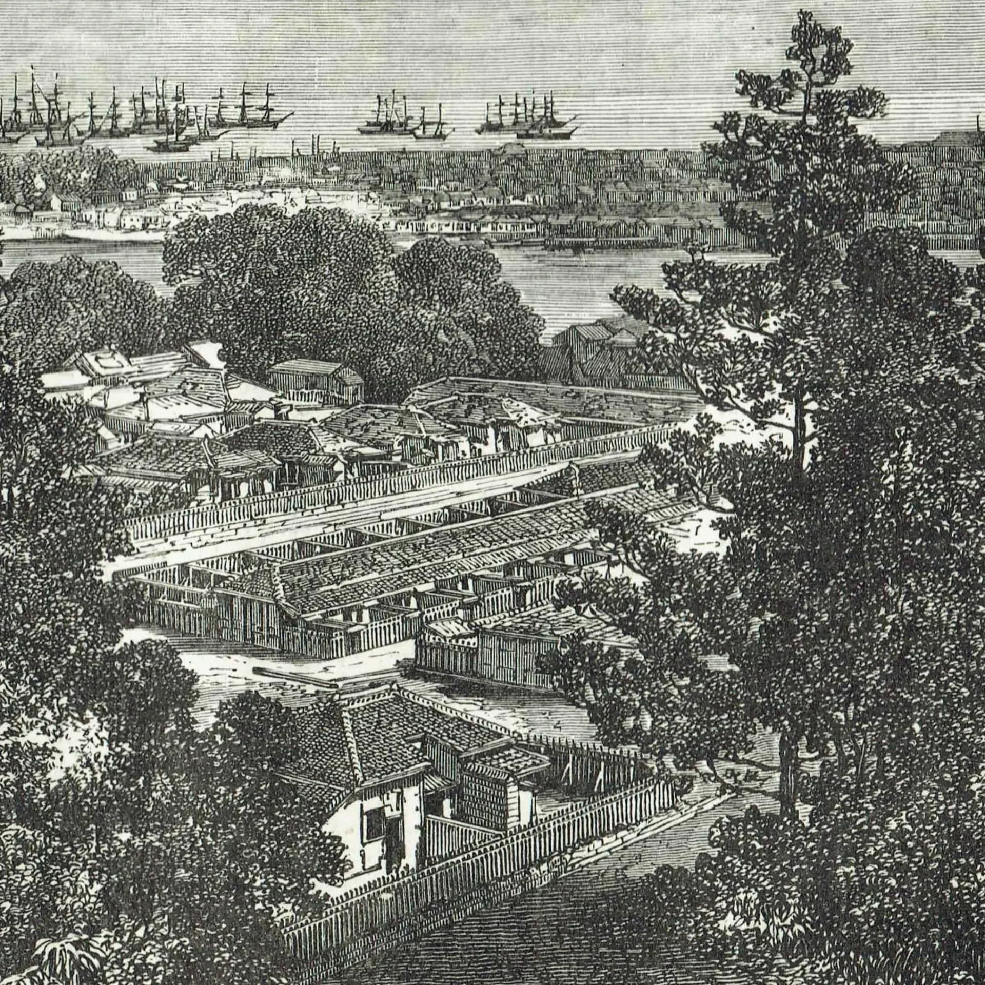 1869 Benten Panorama Japan - Original Antique Engraving - Victorian Travel Geography Harbour Ships Settlement Landscape - 11 x 8.25 in