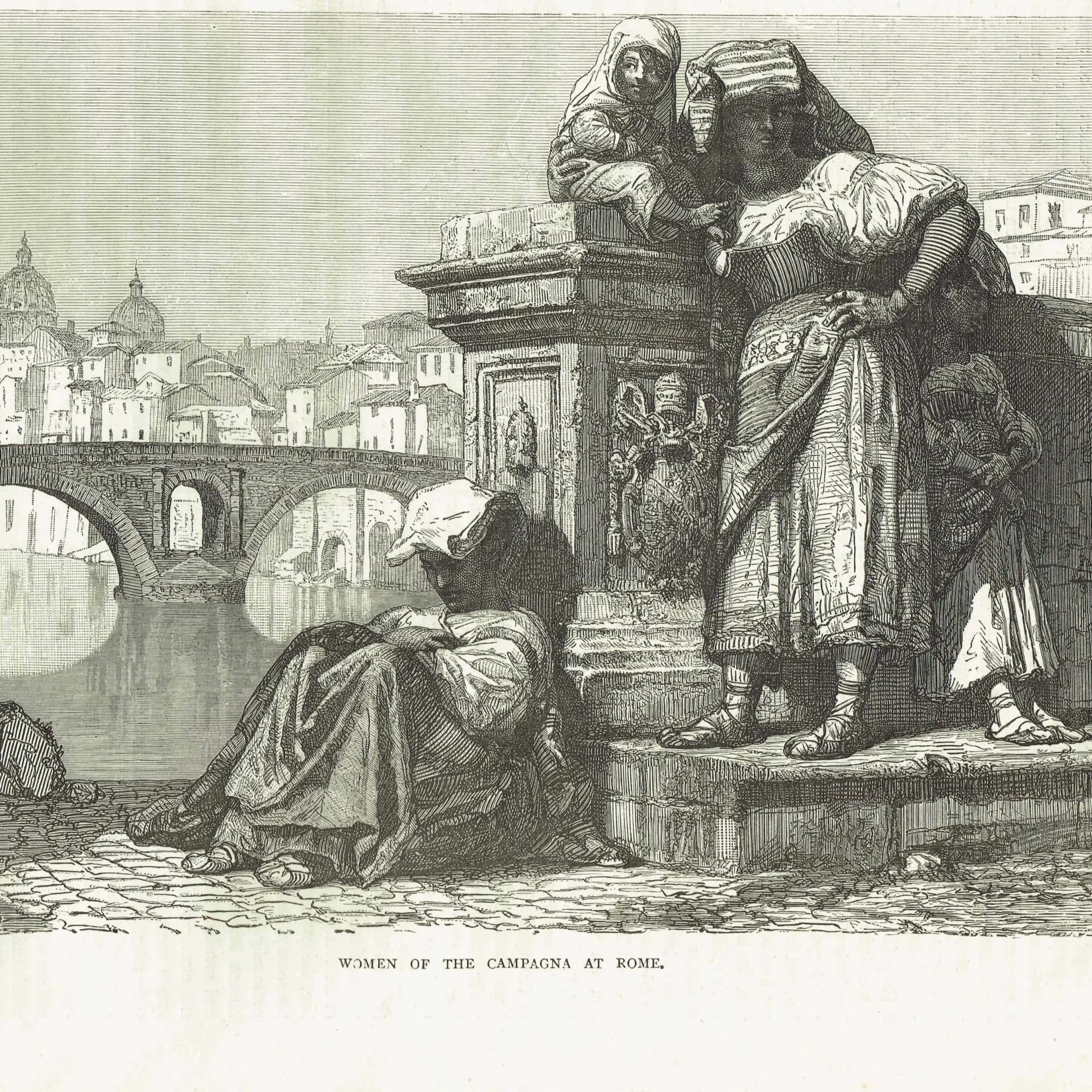 1871 Women of the Campagna at Rome - Antique Engraving - Italian Portrait Tiber River Landscape Victorian Travel Print - 8 x 11.5 in