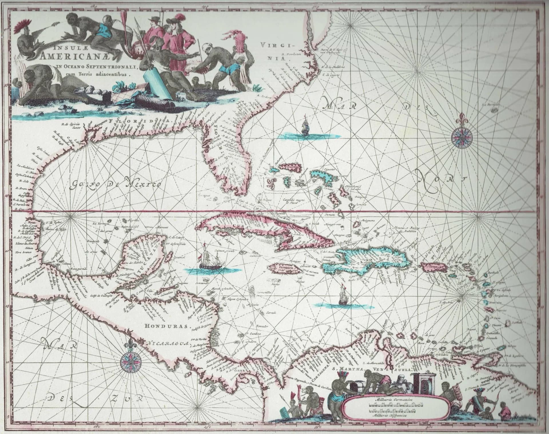 1670 Caribbean & Gulf of Mexico - Vintage Facsimile Map By Ogilby - Americas Nautical Chart Historical Geography - 14 x 11.25 in