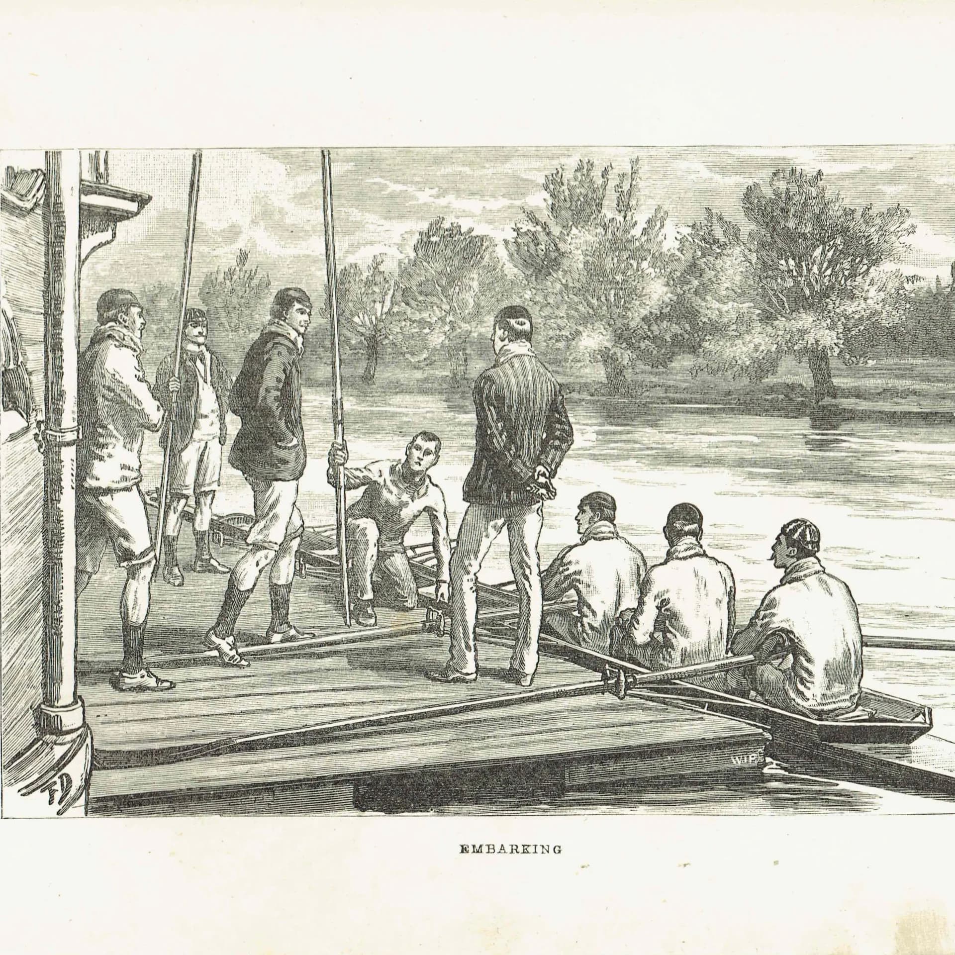 1891 Embarking - Original Antique Engraving By Dadd - Victorian Rowing Crew River Boating Sport Badminton Library - 7 x 4.75 in