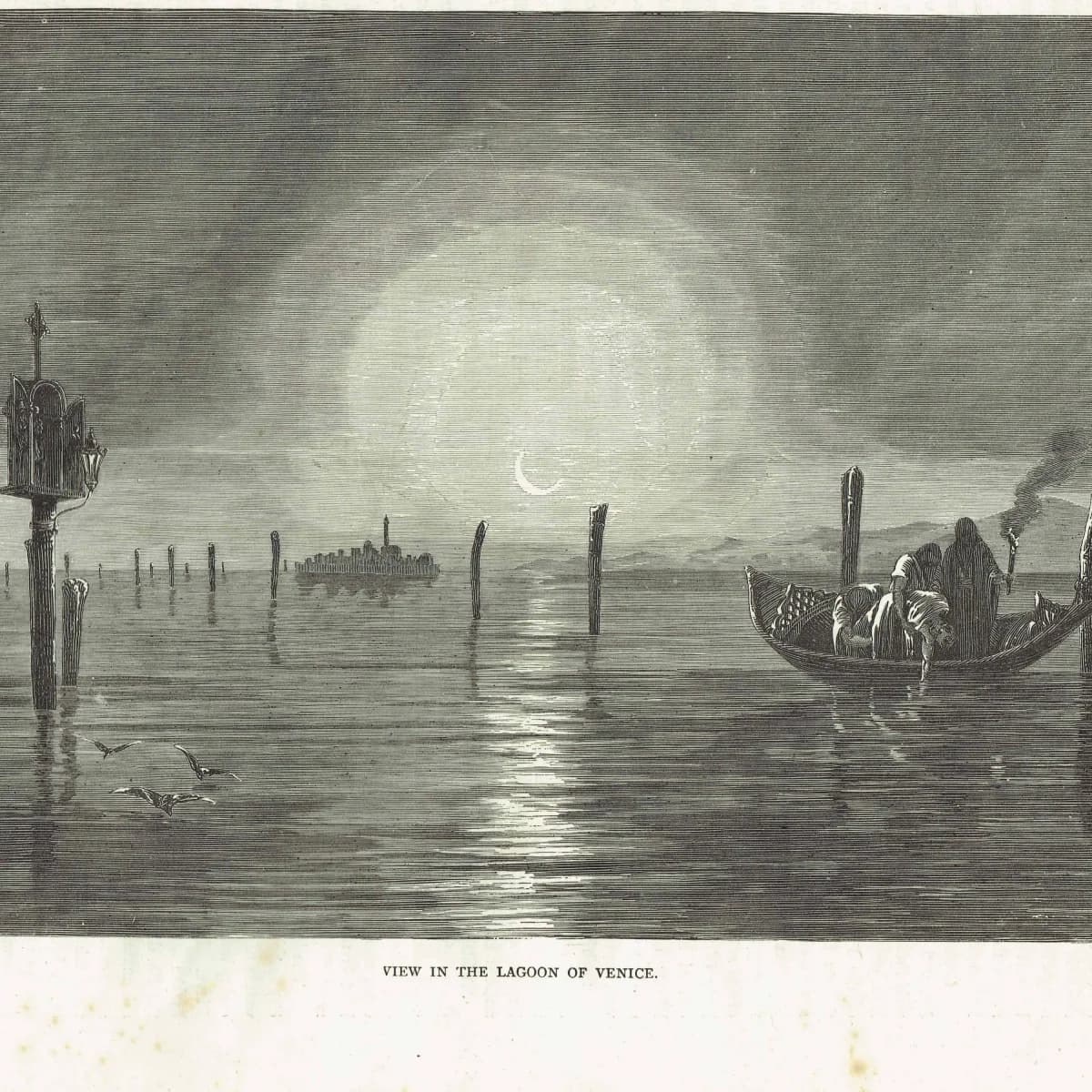 1871 Venice Lagoon by Moonlight - Antique Engraving By Bates - Italian Gondola Nocturnal Landscape Travel Scene Italy - 11.5 x 8 in