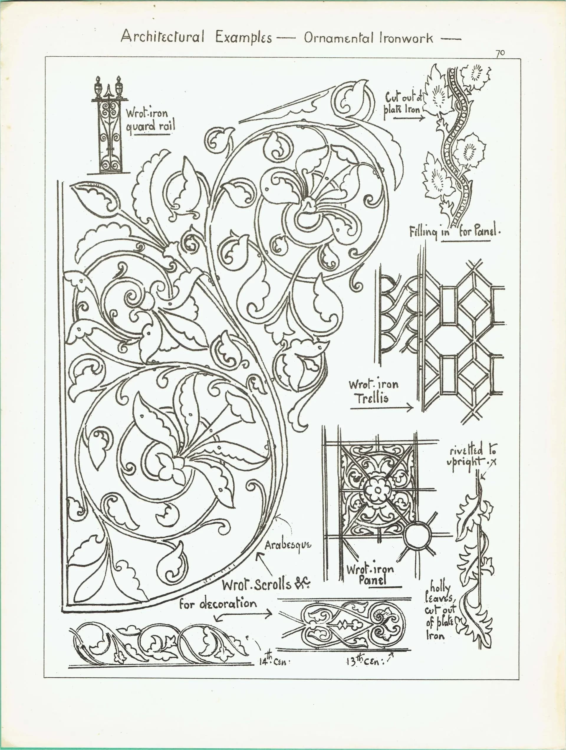 1898 Ornamental Ironwork Architecture Print - Wrought Iron Arabesque, Trellis & Scrollwork Plate - Antique Design - 8 x 10.75 in