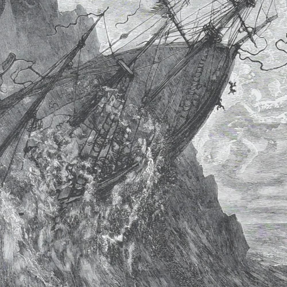 1866 Gustave Doré Wandering Jew Shipwreck Plate 10 - Original Antique Engraving - Victorian Gothic Religious Mythology Maritime - 14 x 20 in