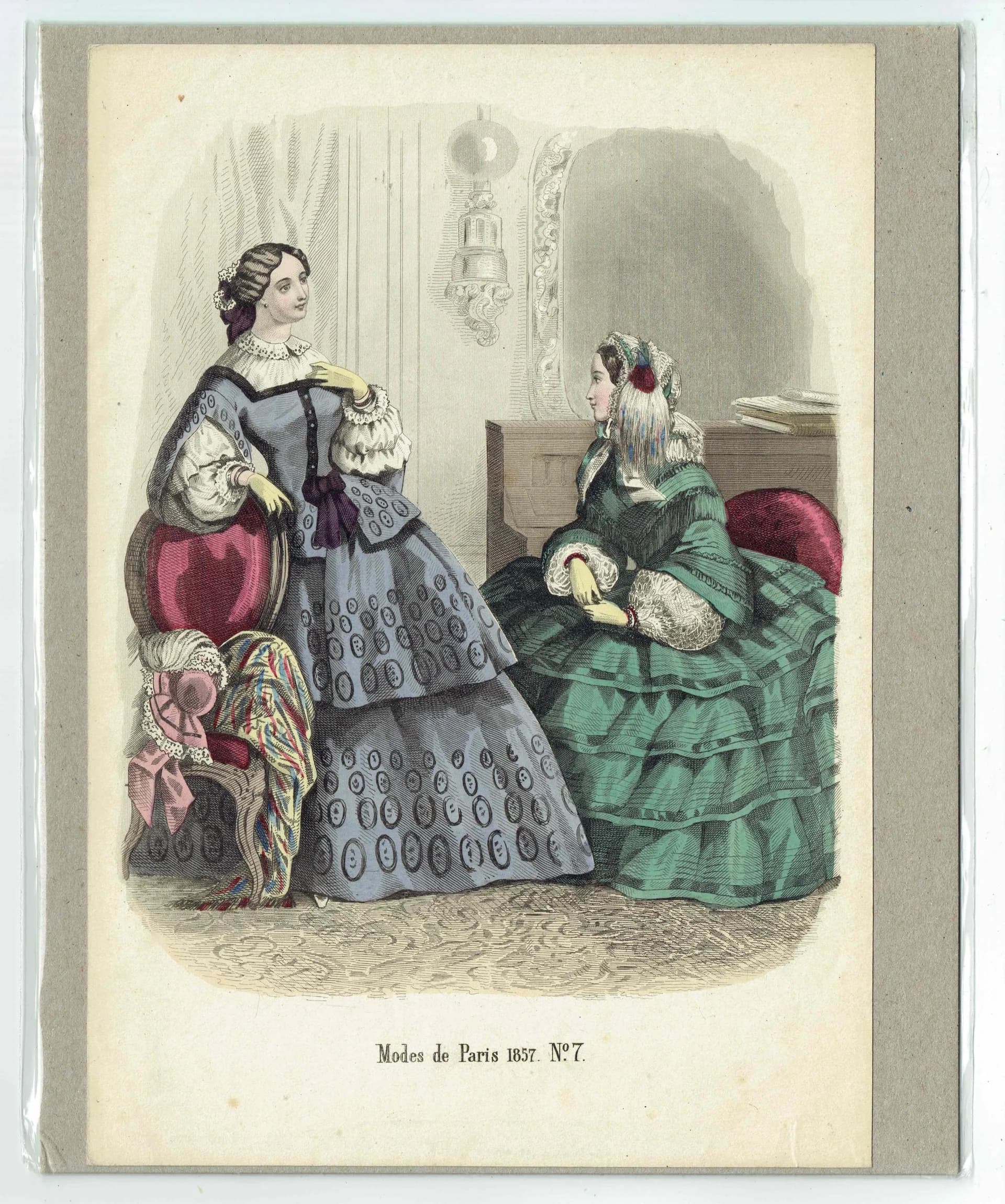 1857 Modes de Paris No. 7 Print - Hand Coloured Fashion Plate - Victorian Women's Dresses - 9.75 x 6.75 in