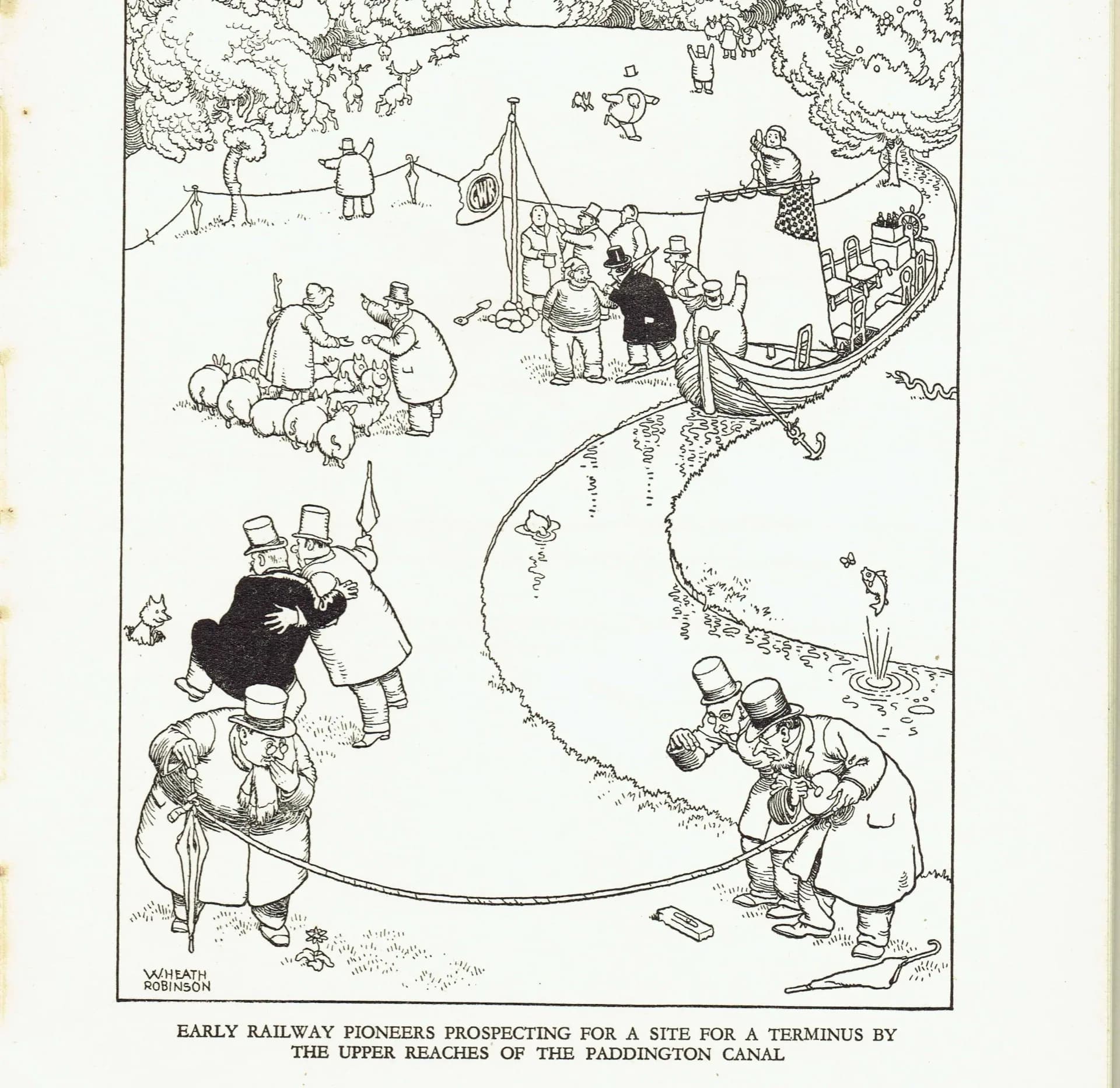 1935 Railway Pioneers Paddington Canal - Original Vintage Print By Robinson - Great Western Railway Centenary Humorous Cartoon - 7 x 9.5 in
