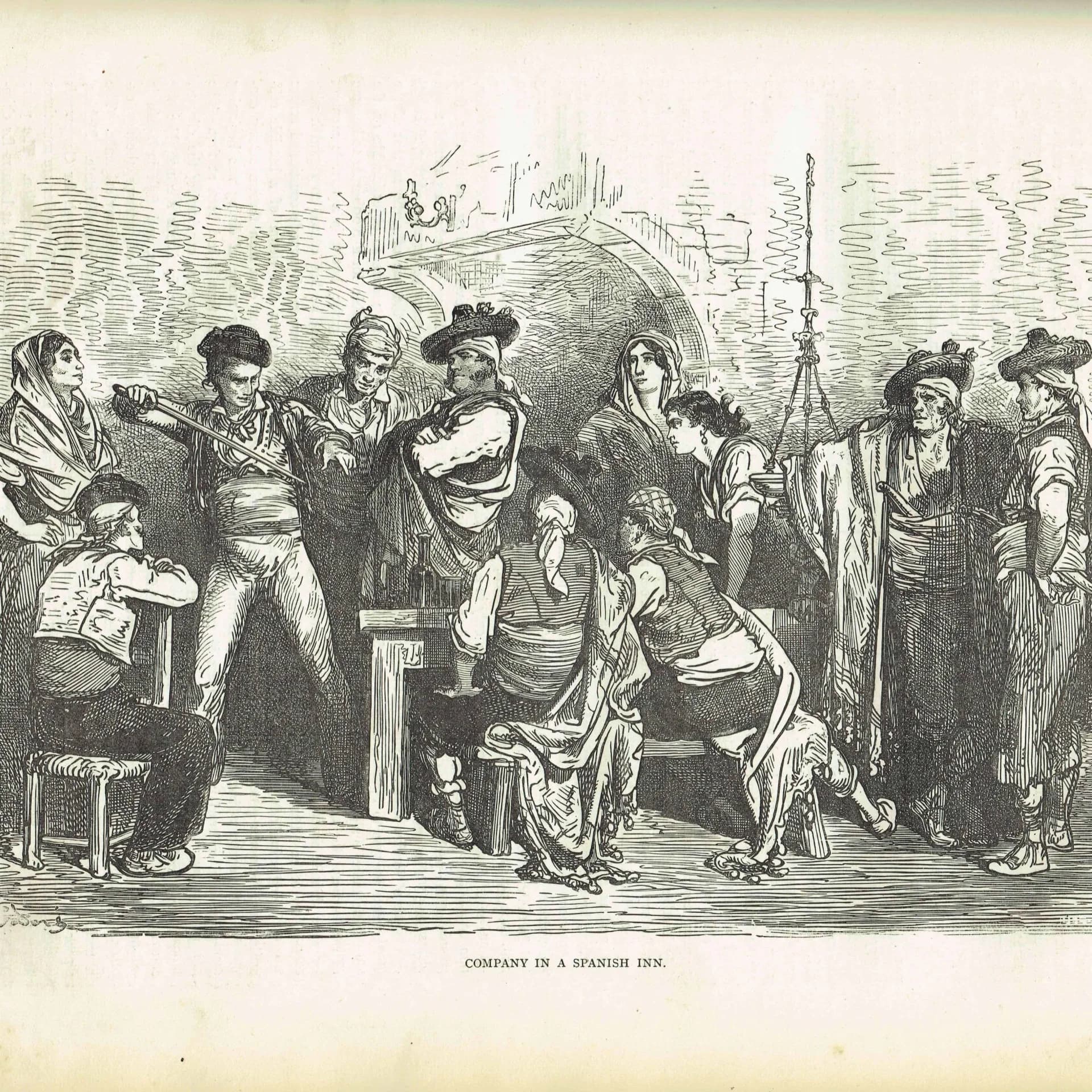 1869 Company in a Spanish Inn - Original Antique Print - Victorian Travel Illustration Cassell Petter Galpin - 11.75 x 8.75 in