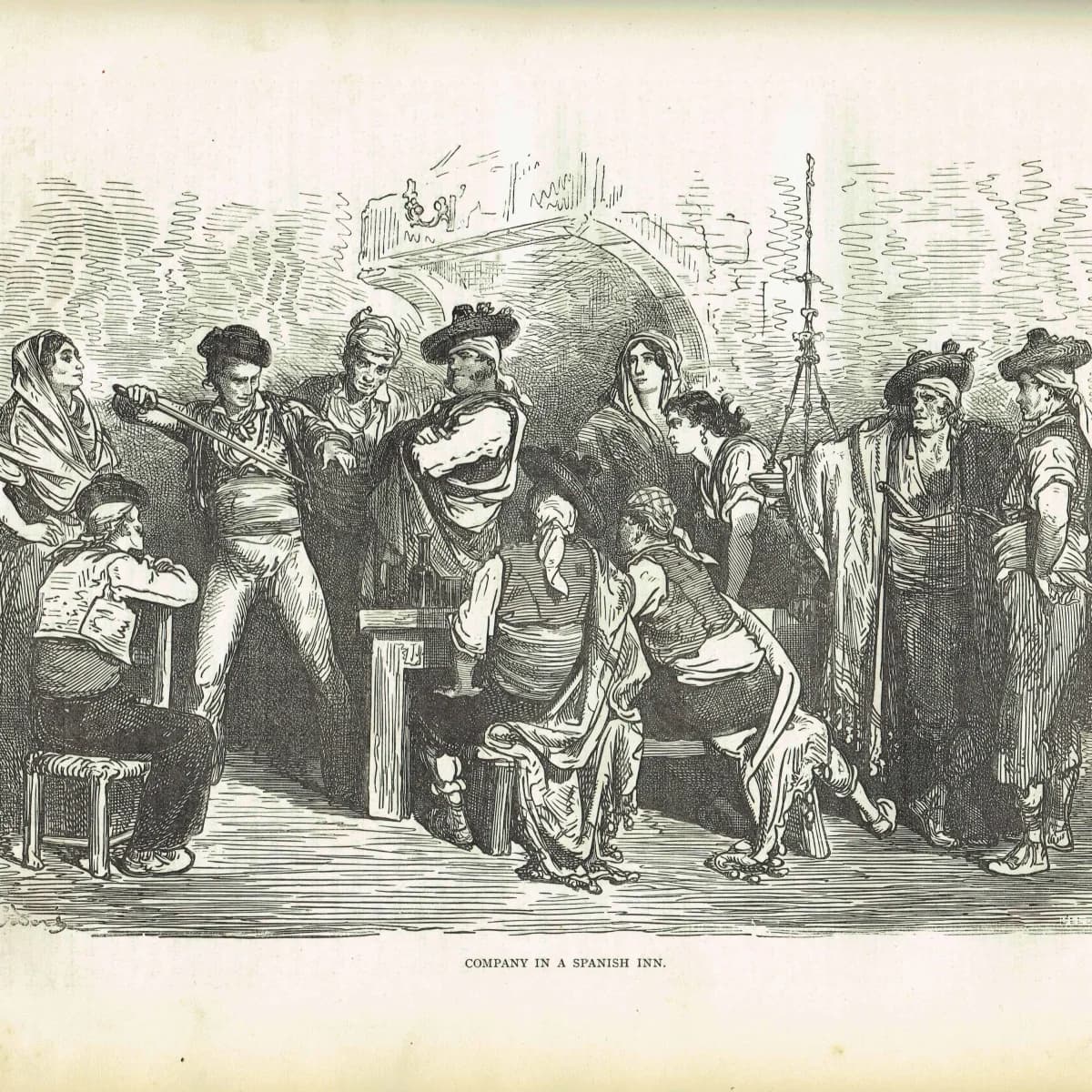 1869 Company in a Spanish Inn - Original Antique Print - Victorian Travel Illustration Cassell Petter Galpin - 11.75 x 8.75 in