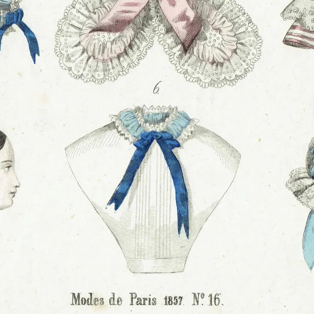 1857 Modes de Paris Print - Parisian Headwear & Collars - Hand Coloured Fashion Engraving - Vintage Costume Plate - 9.75 x 6.75