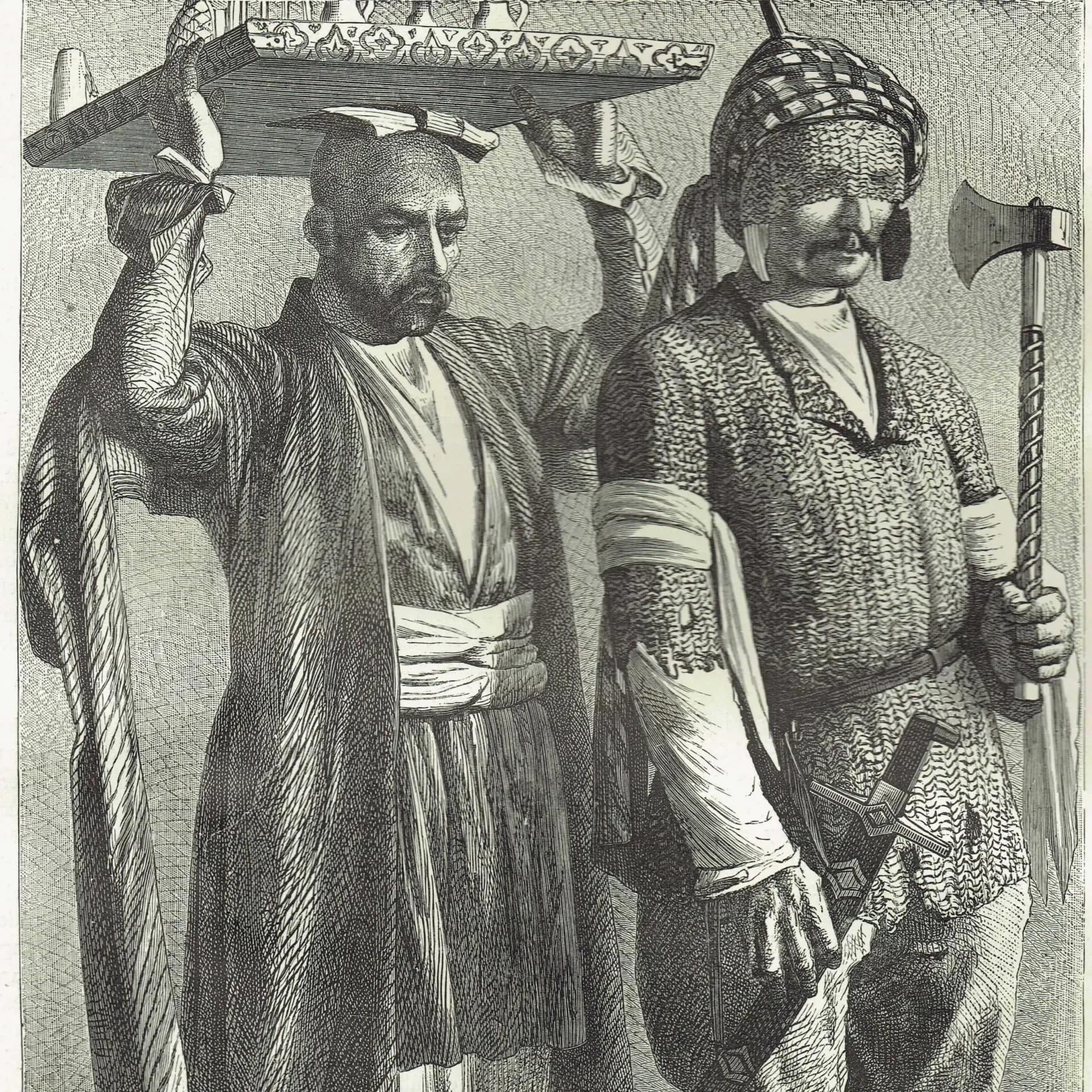 1870s Caucasian Prince in Chain Armour - Antique Print - Victorian Travel Portrait Caucasus Warrior Illustration - 8 x 11.5