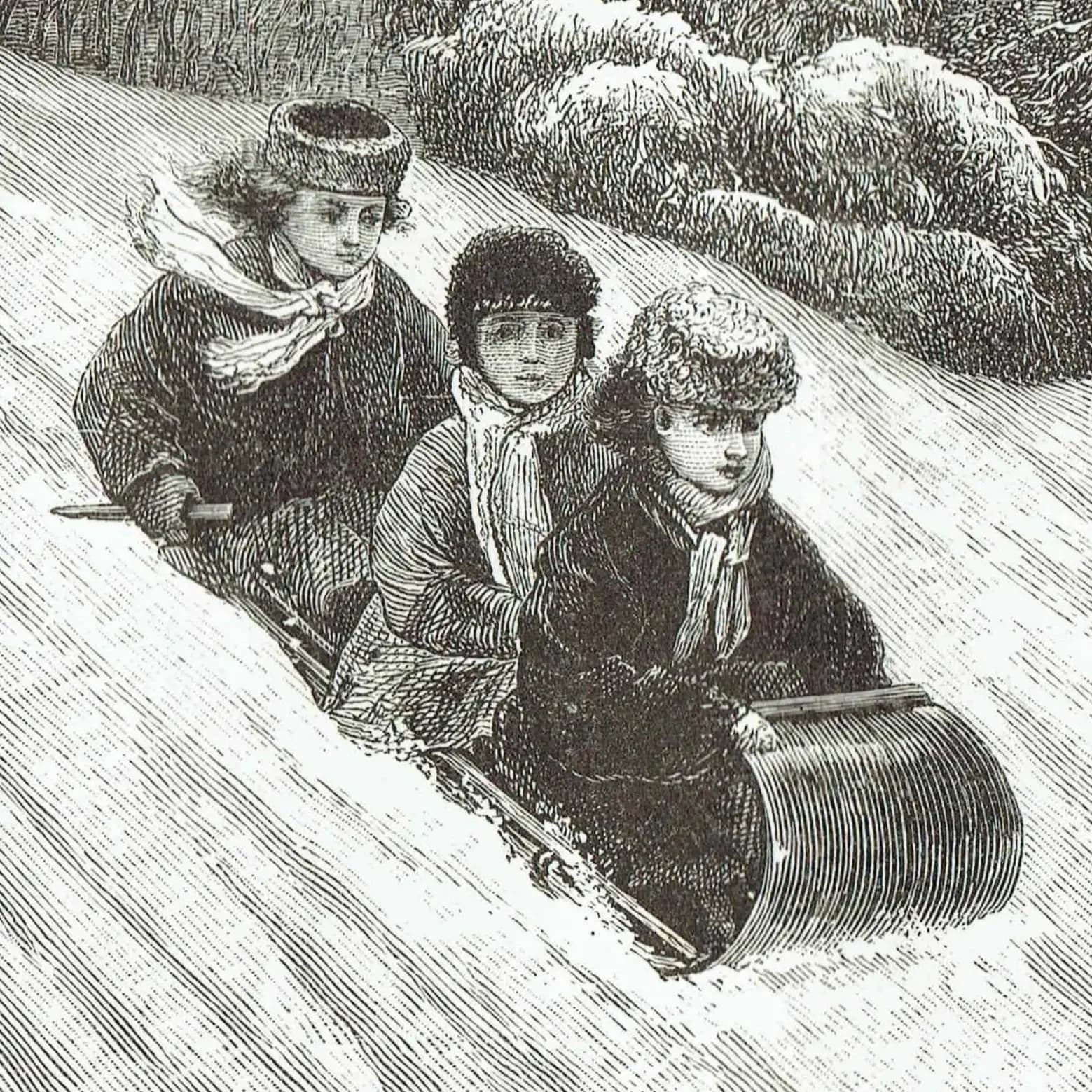 1885 Children Tobogganing Canada - Antique Print By Lorne - Canadian Winter Scene Victorian Sledding Snow Landscape - 10 x 7 in