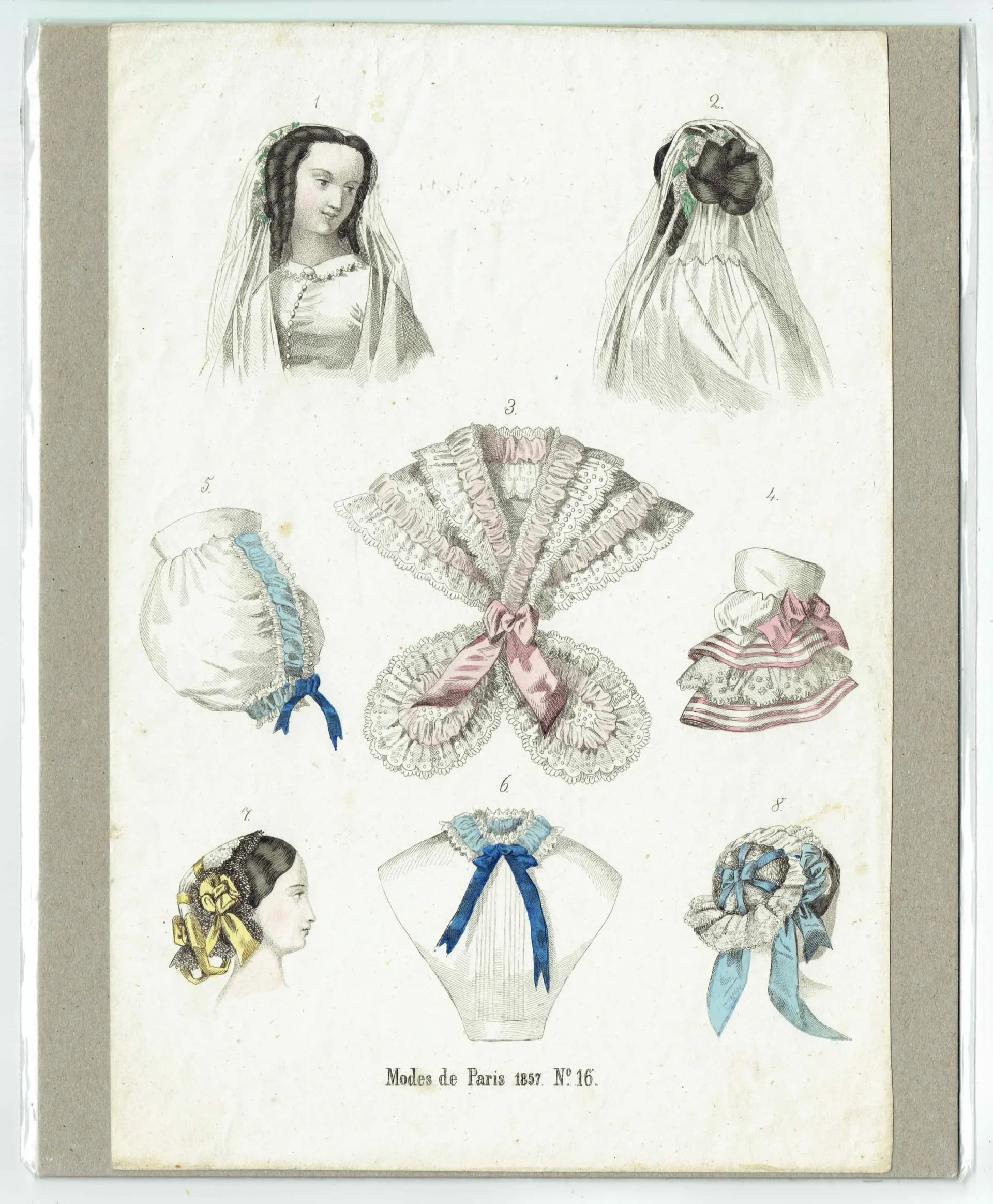 1857 Modes de Paris Print - Parisian Headwear & Collars - Hand Coloured Fashion Engraving - Vintage Costume Plate - 9.75 x 6.75