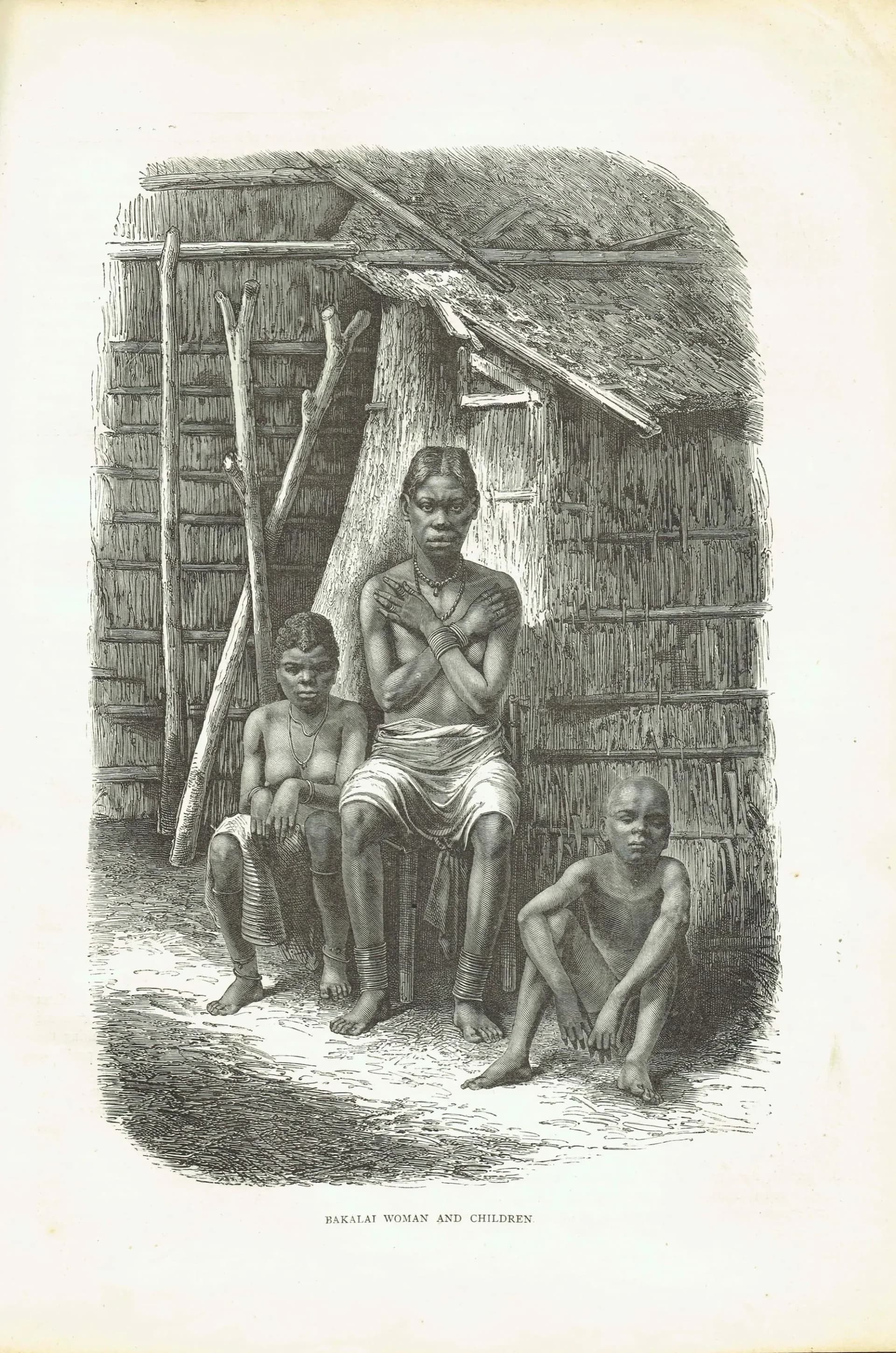 1870s Original Bakalai Woman Children African Portrait Woodblock Print - Victorian Travel Book Illustration - 8.5 x 12 in