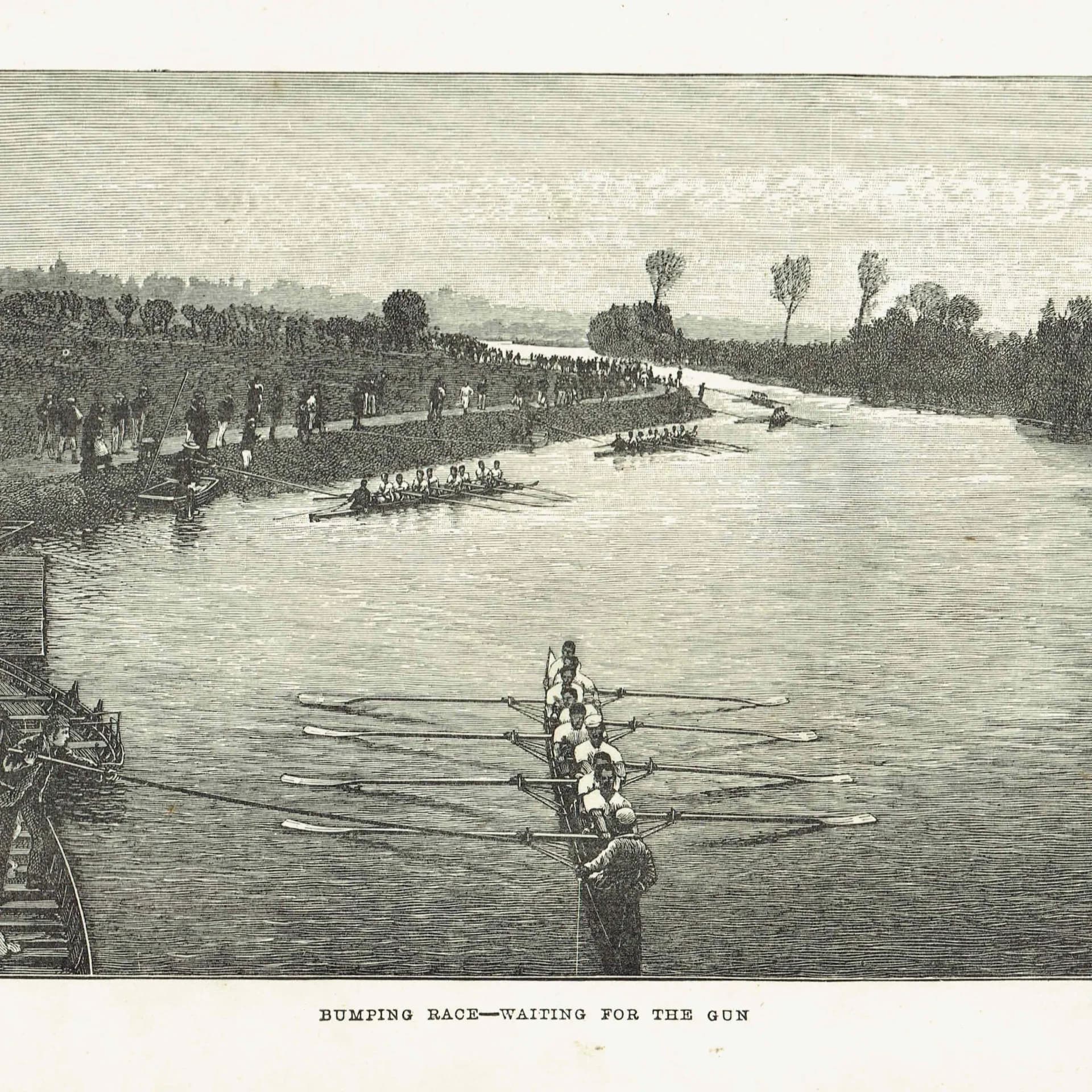 1891 Bumping Race Waiting for the Gun - Original Antique Engraving - Victorian Rowing River Sport Badminton Library - 7 x 4.75 in