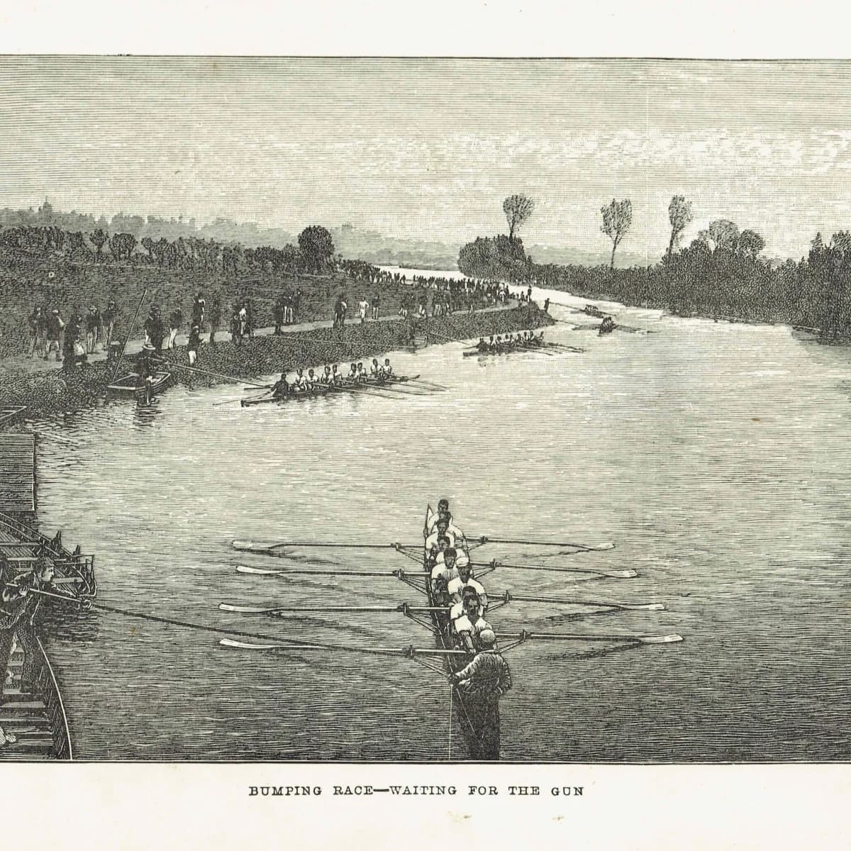1891 Bumping Race Waiting for the Gun - Original Antique Engraving - Victorian Rowing River Sport Badminton Library - 7 x 4.75 in